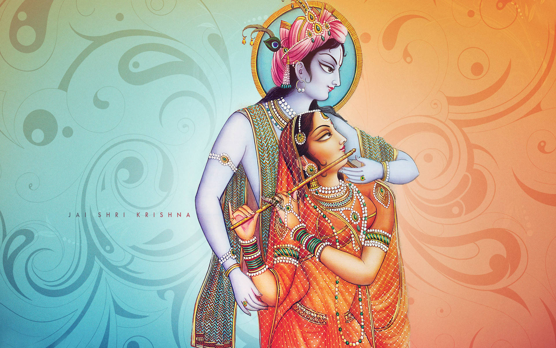 Radha Playing The Flute With Krishna Desktop Background