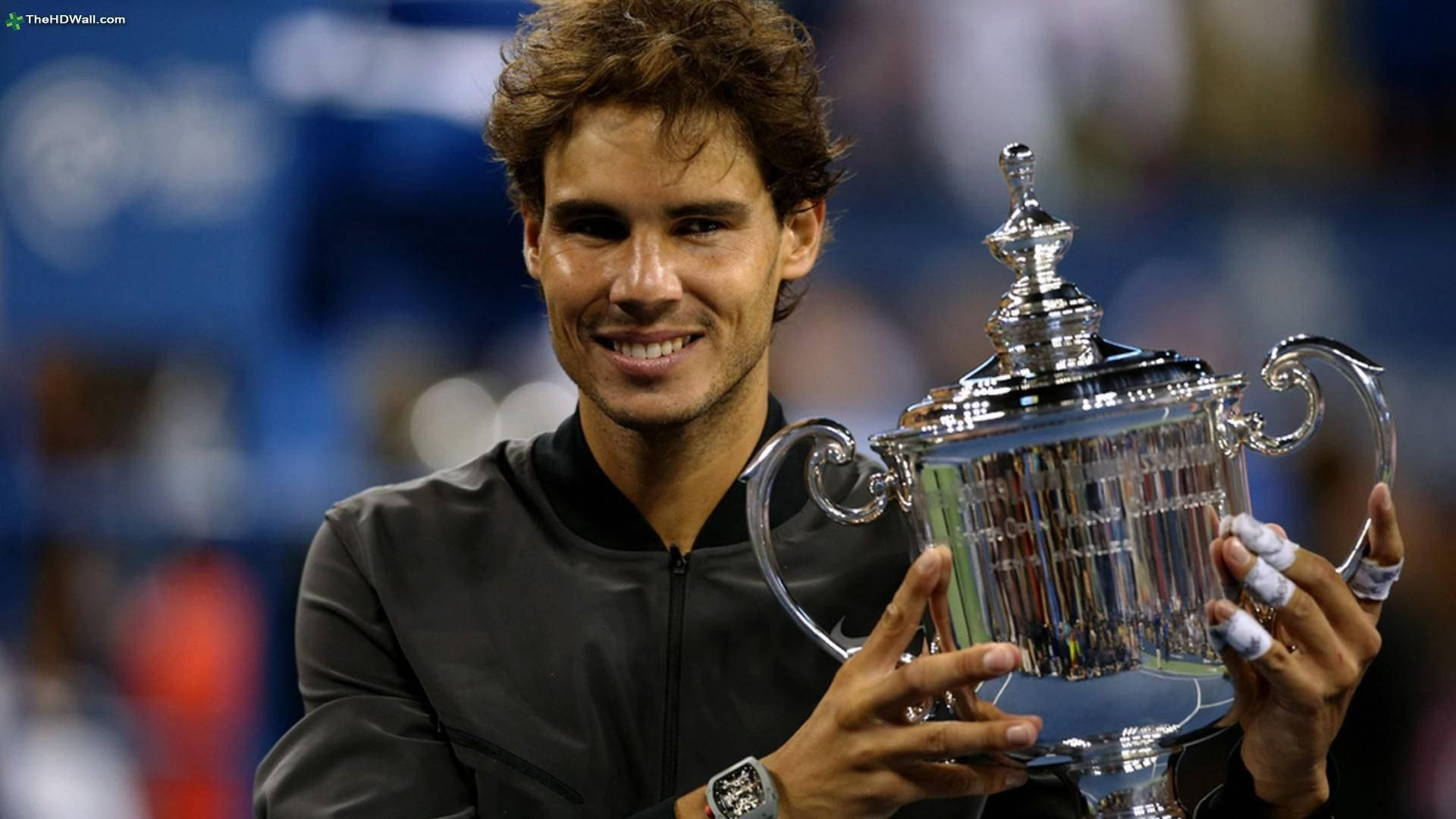 Rafael Nadal With Us Open Trophy Background
