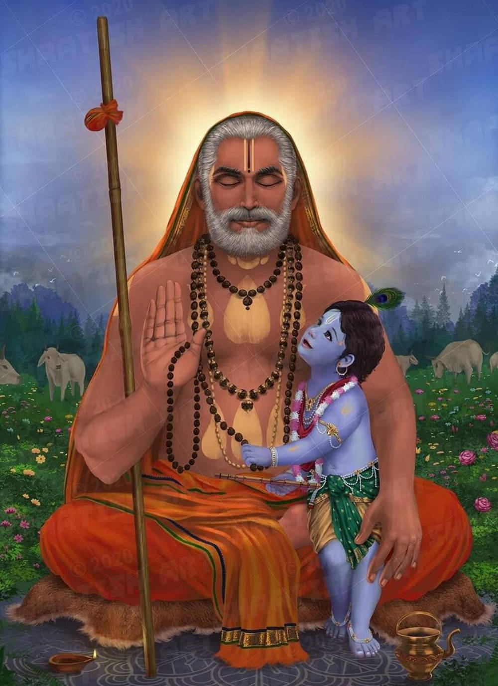 Raghavendra With Little Krishna In Garden Background