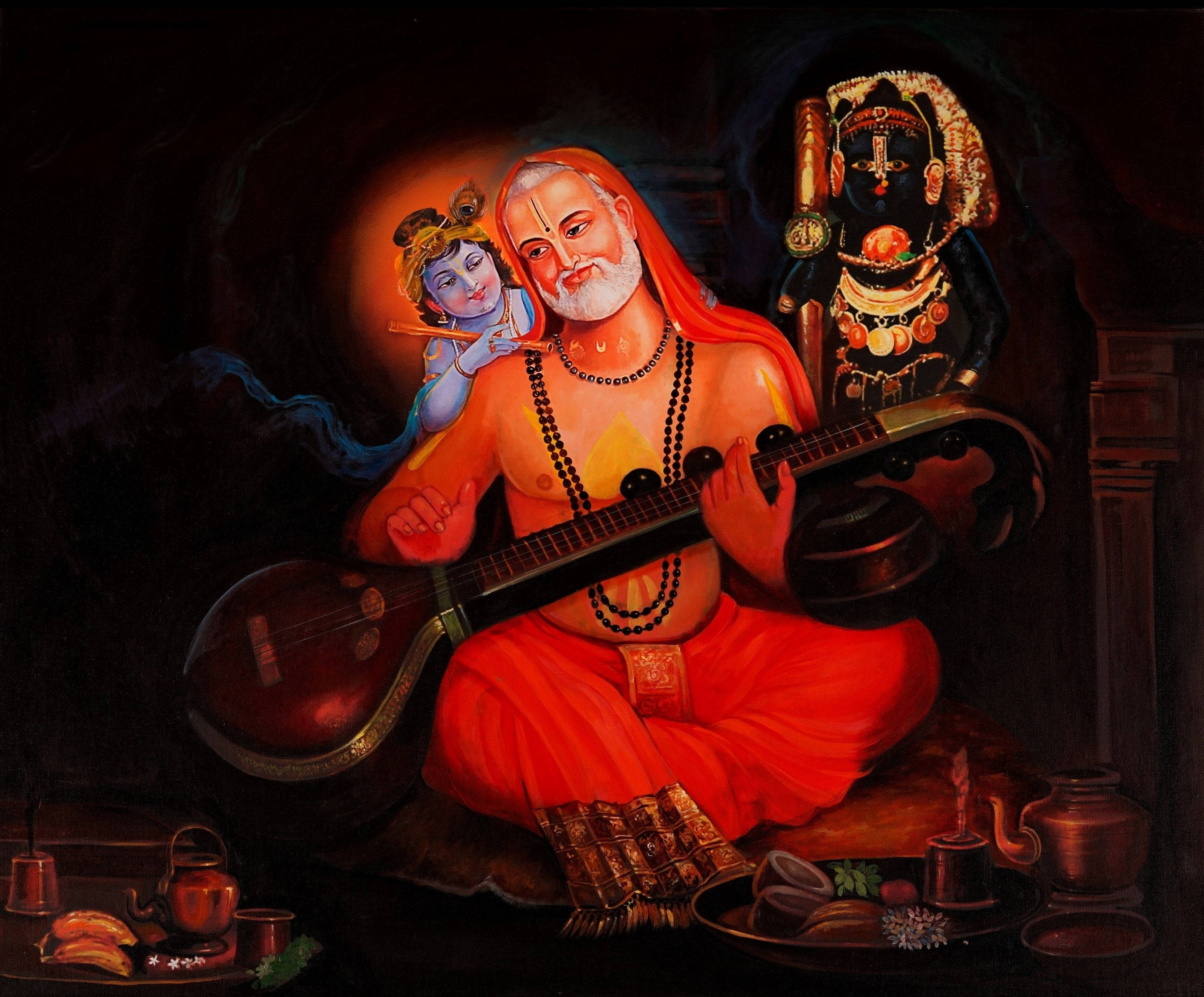 Raghavendra With Lute And Little Krishna Background