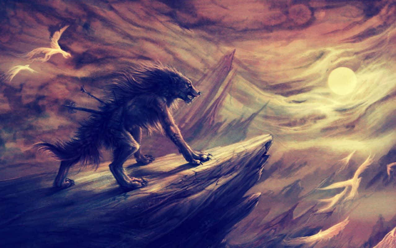 Raging Epic Wolves On Cliff Background