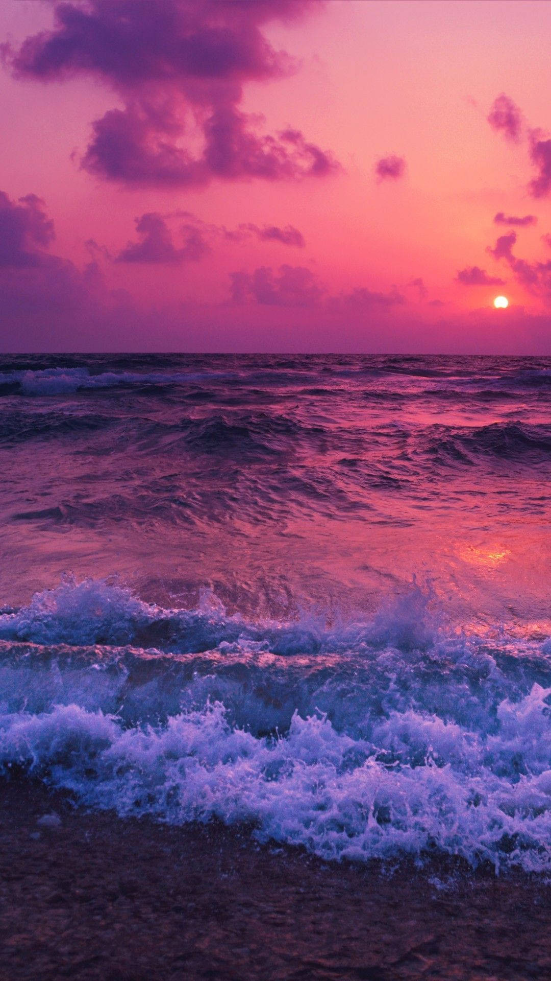 Raging Ocean Waves Over Aesthetic Sunset Background