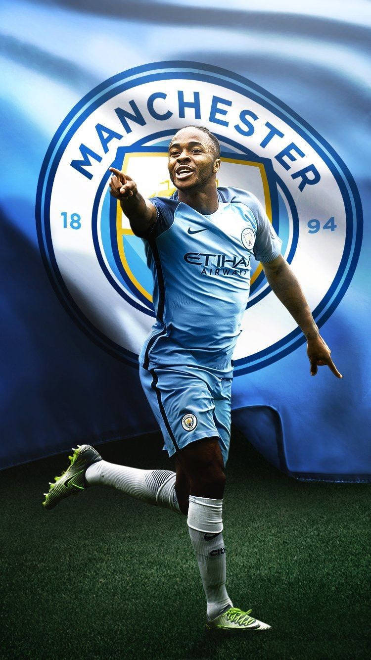 Raheem Sterling With The Mcfc Flag Background