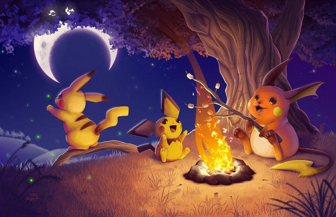 Raichu, Pichu, And Pikachu Roasting Marshmallows By The Campfire