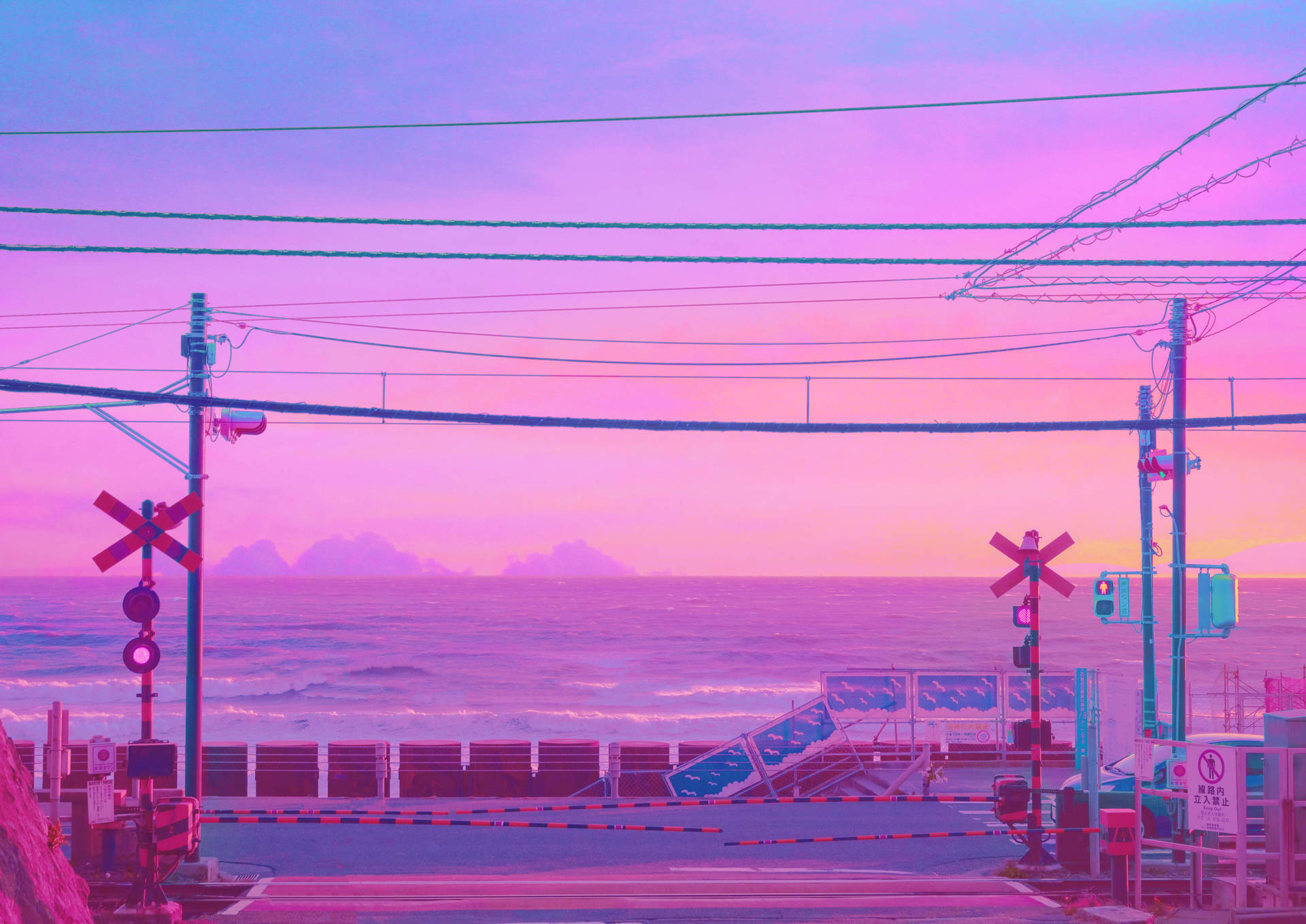 Railroad Crossing In Pastel Japanese Aesthetic Background