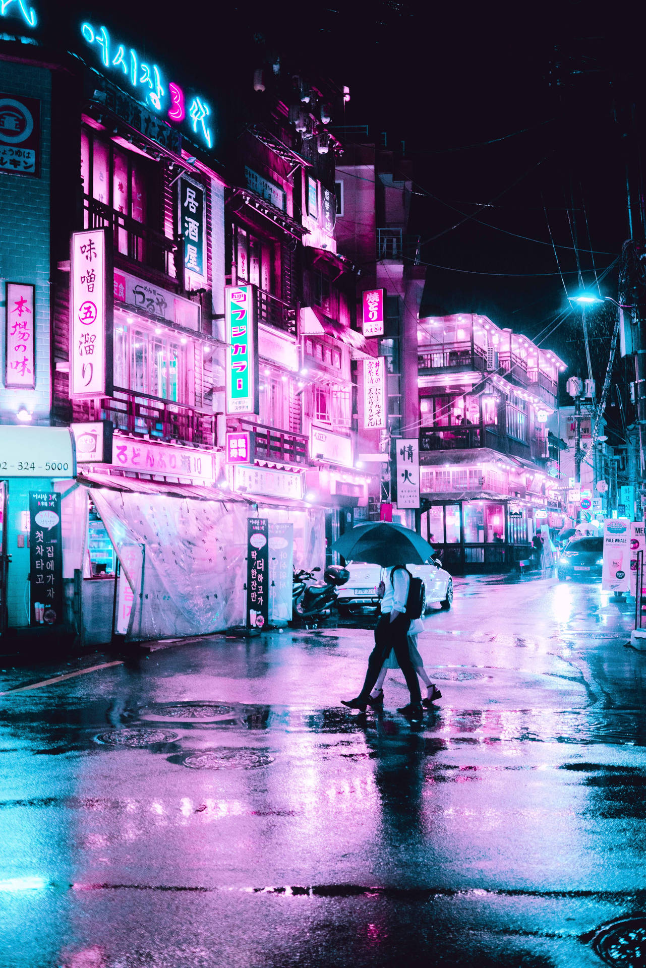 Rain Couple Neon Pink And Blue Background