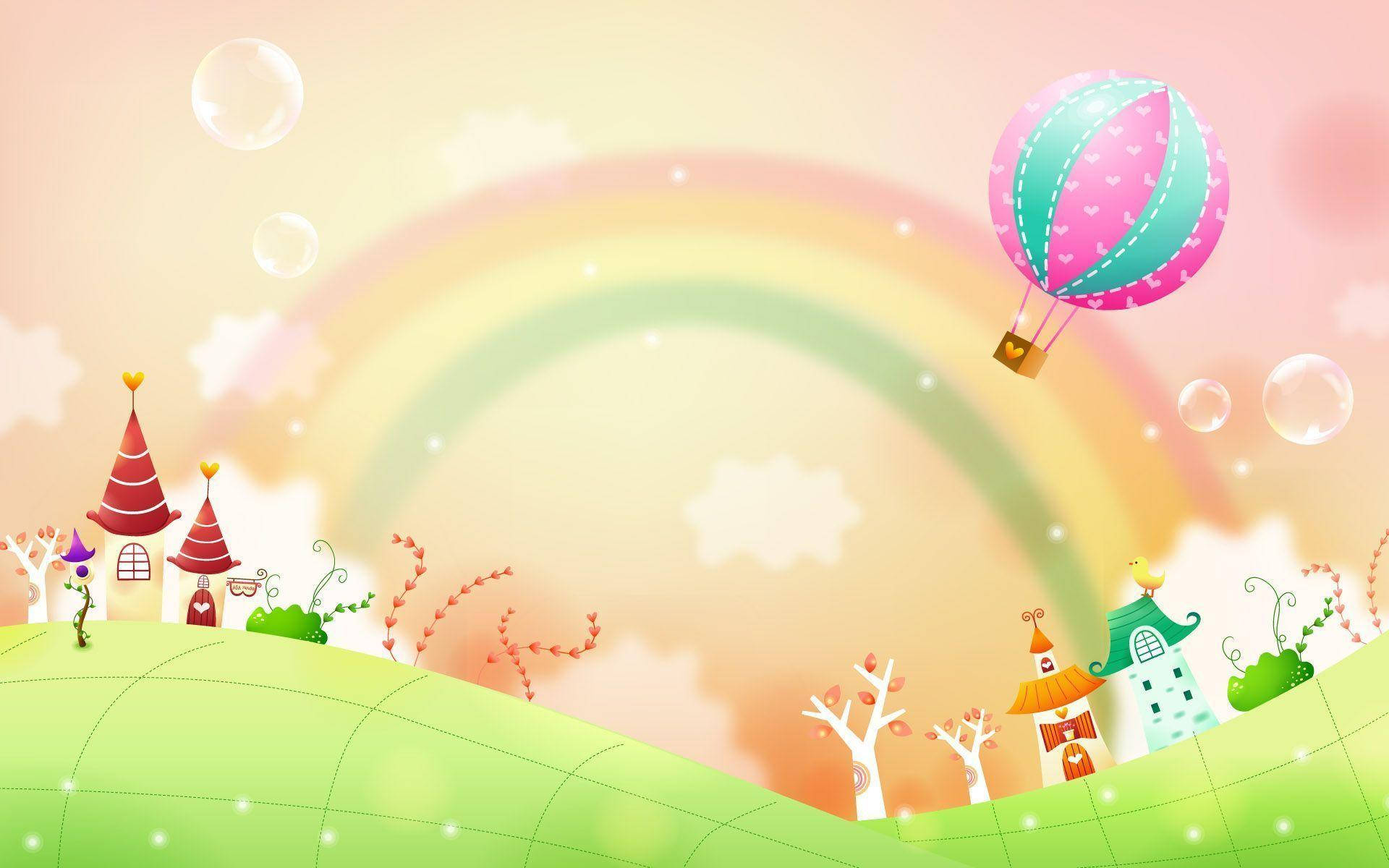 Rainbow And Hot Air Balloon Cute Computer Background