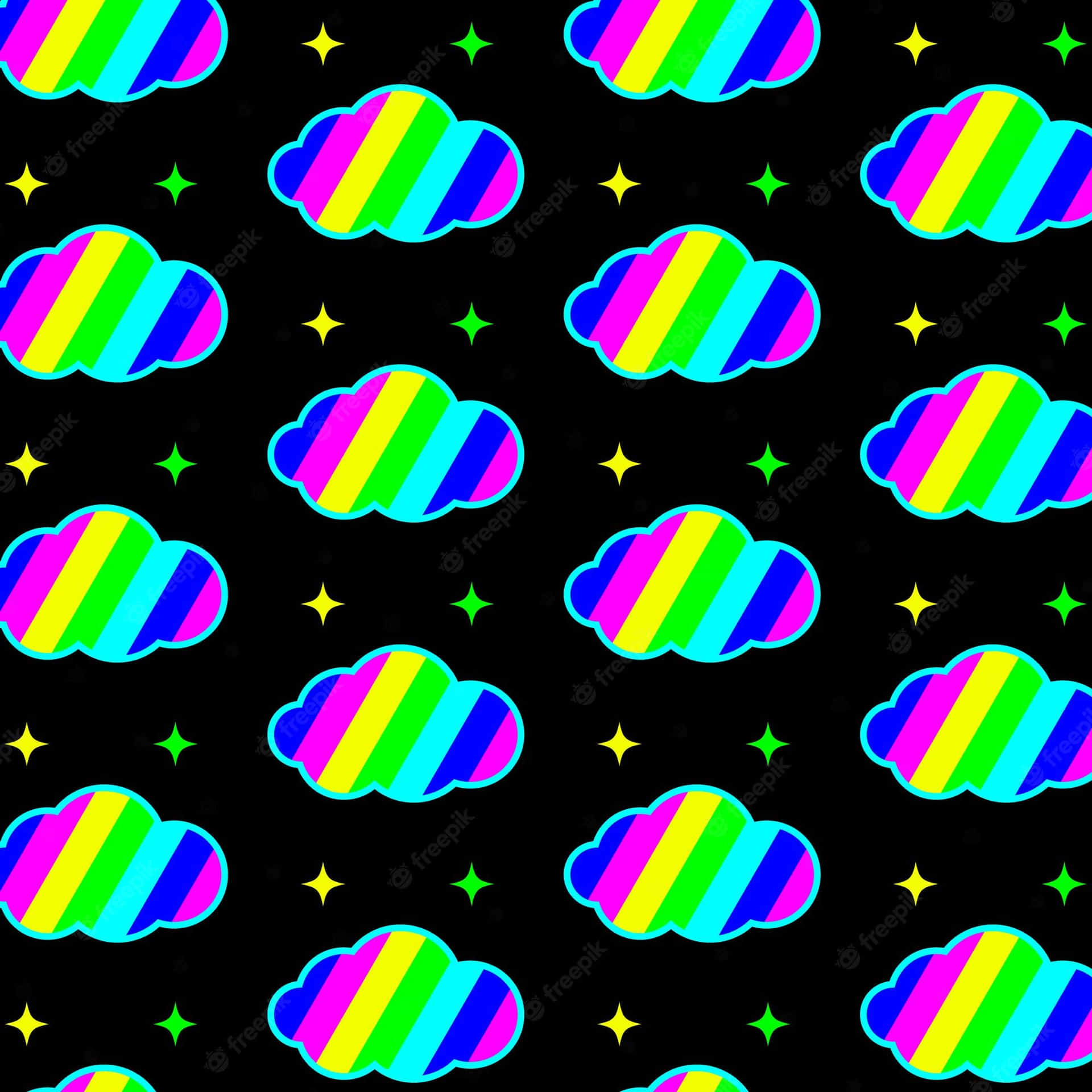 Rainbow Clouds And Stars Pattern Background