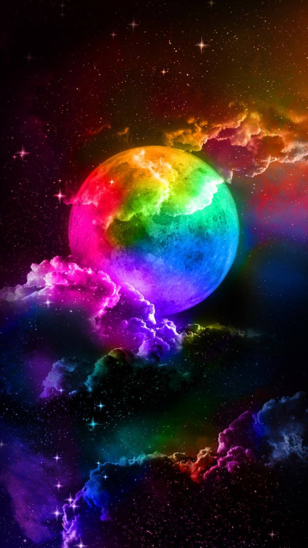 Rainbow Galaxy Moon On Night Sky Background