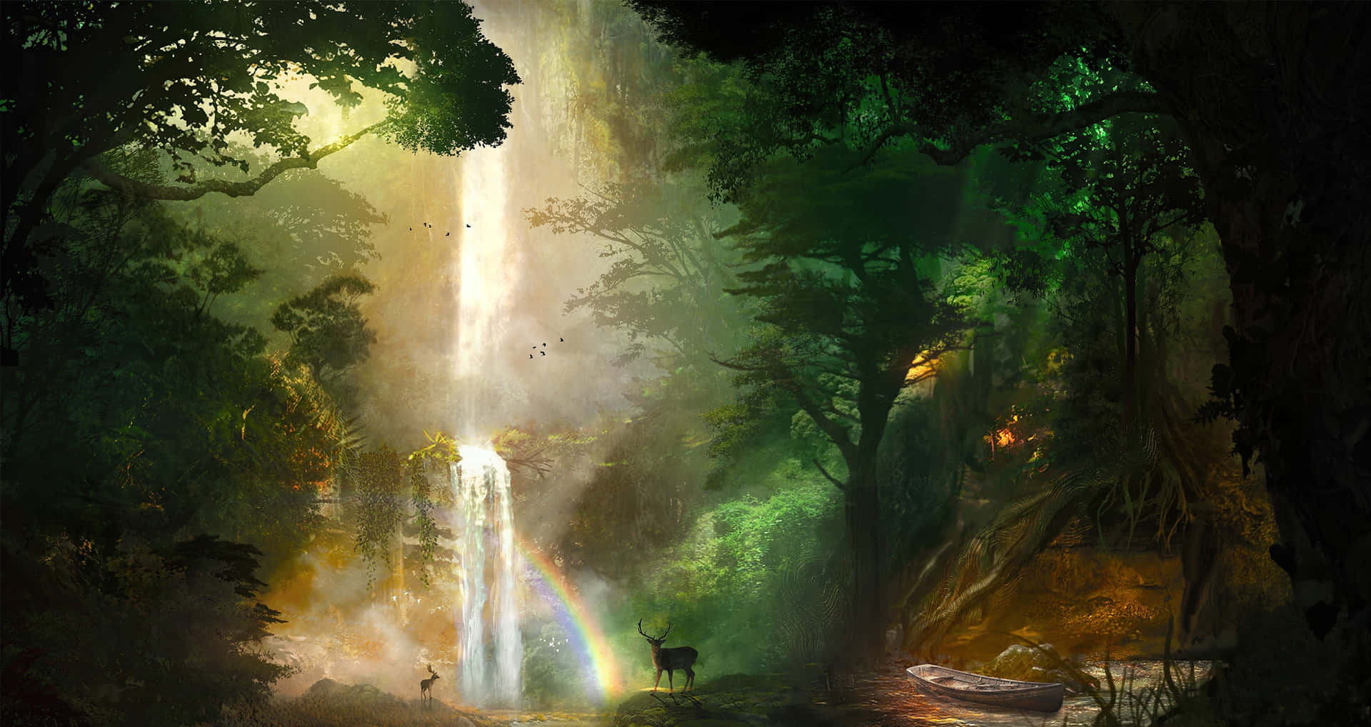 Rainbow In Waterfall Jungle Desktop Background