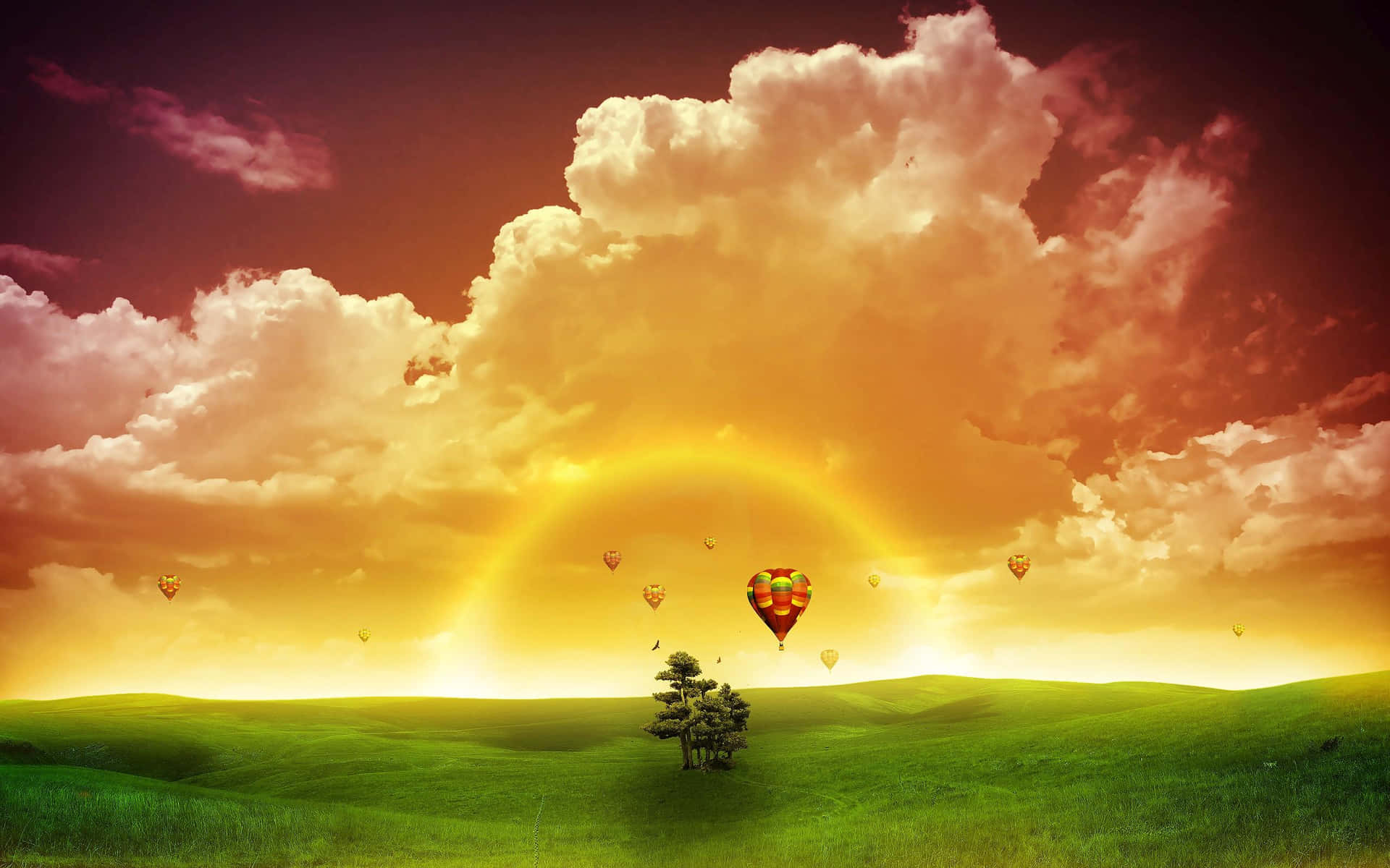 Rainbow Sky_ Hot Air Balloons_ Landscape Background