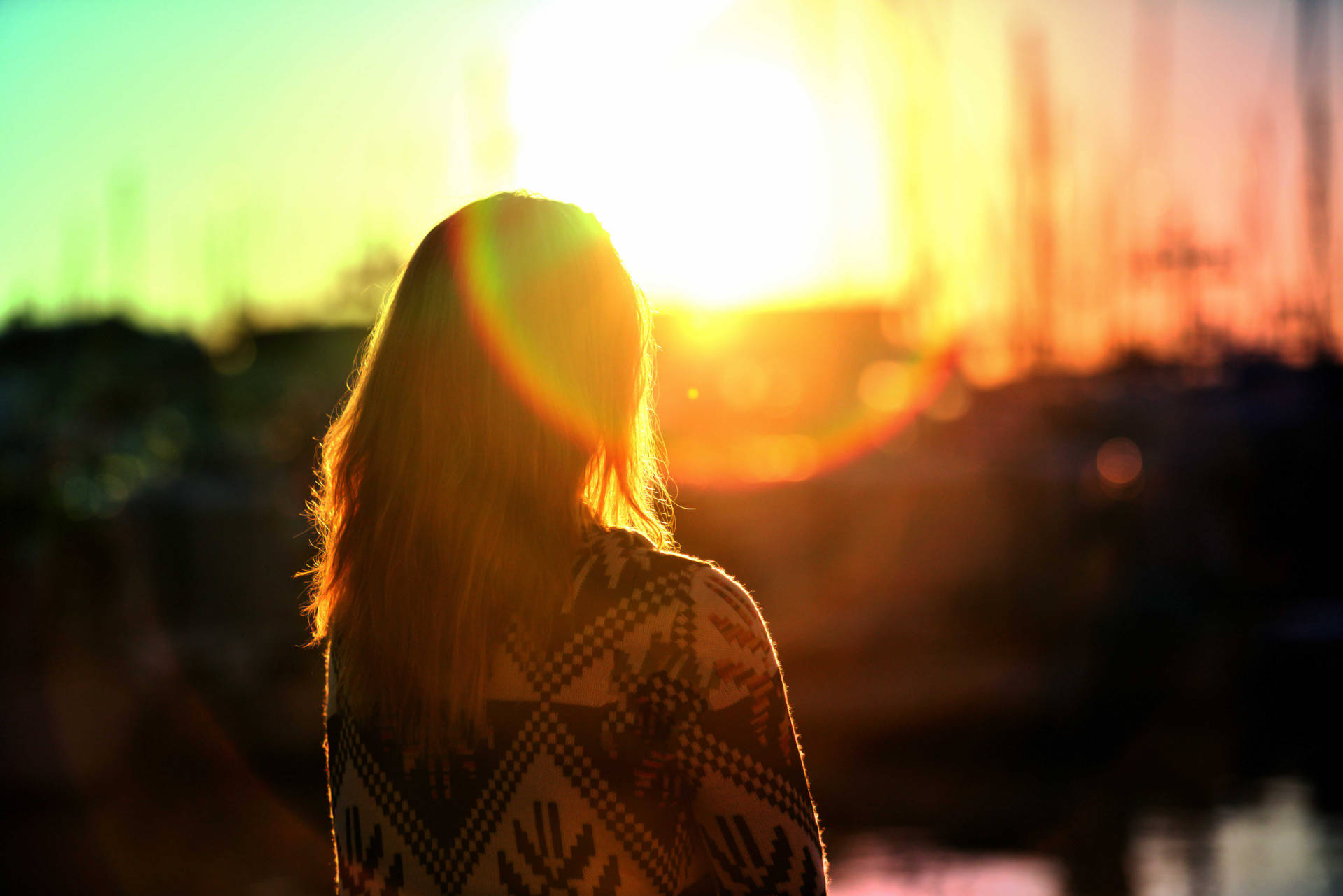 Rainbow Sunset Girl Alone Background