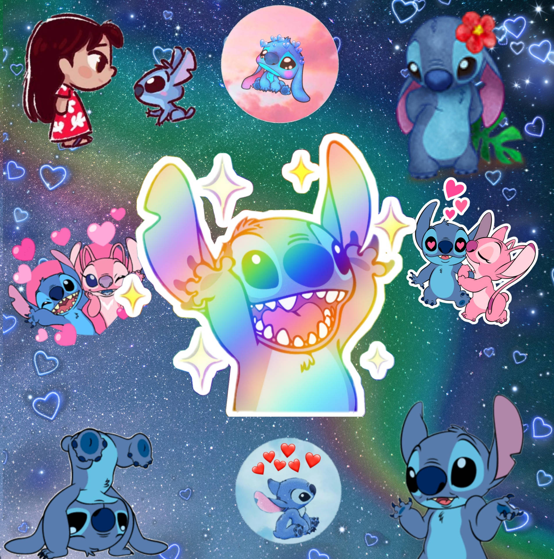 Rainbow-themed Stitch Collage Background