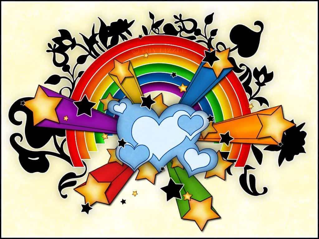 Rainbow With Stars And Hearts Background