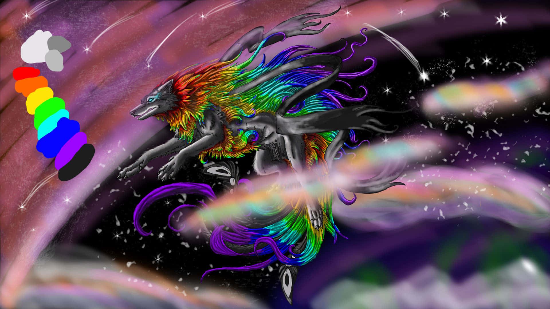 Rainbow Wolf In Space Background