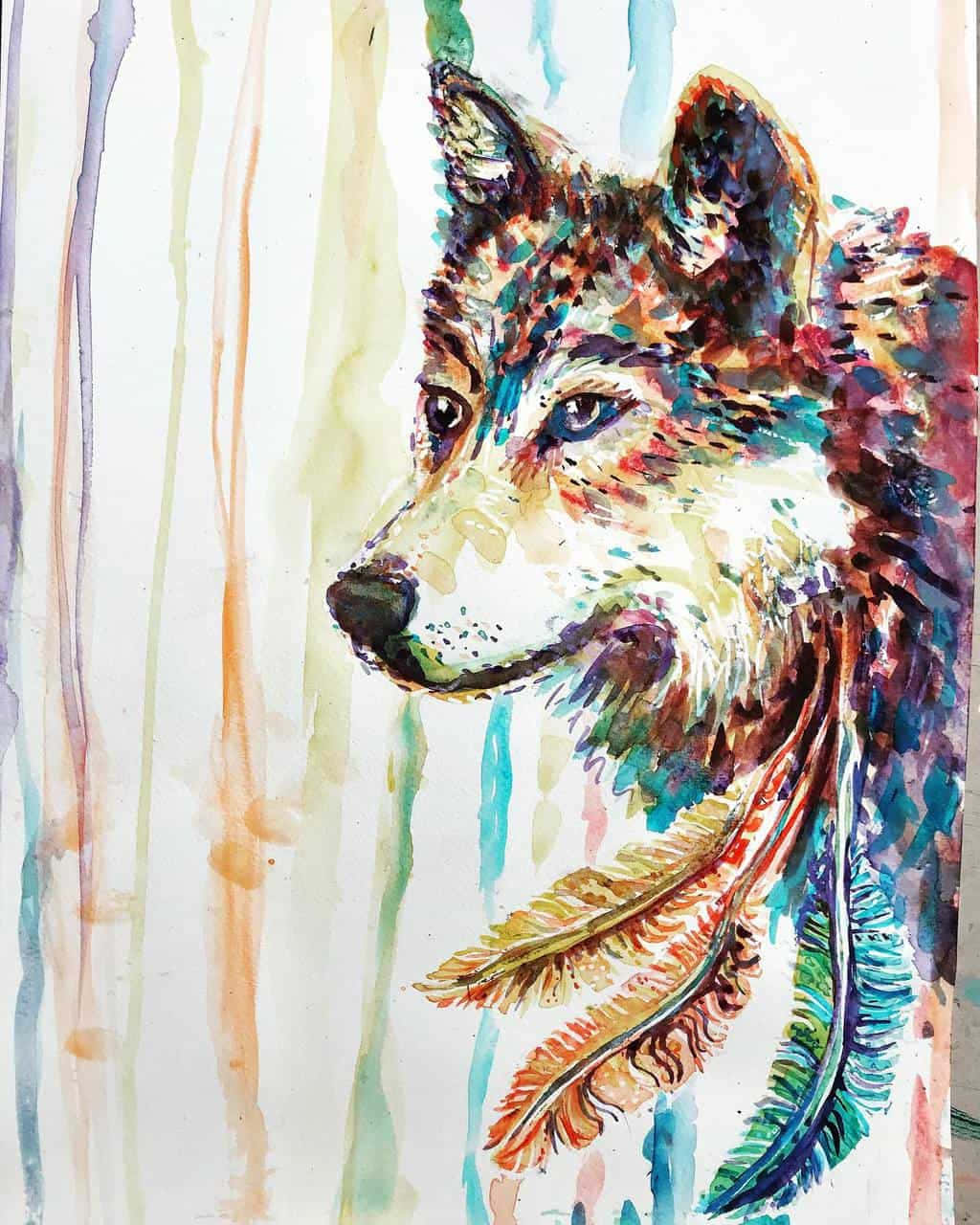 Rainbow Wolf With Feathers Background