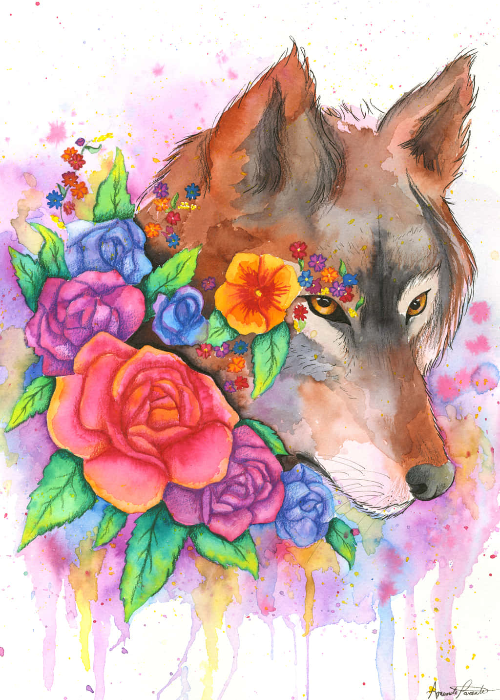 Rainbow Wolf With Roses Background