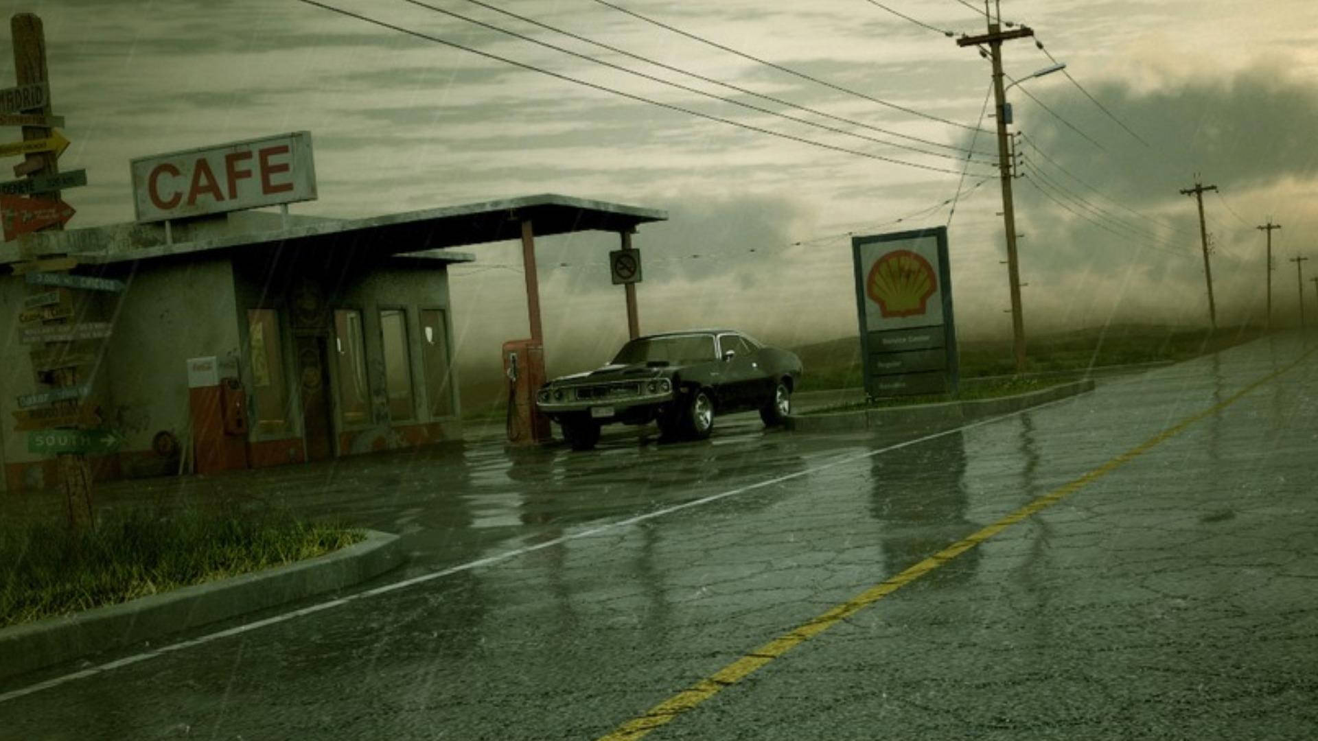Raining Scene In Gas Station Background