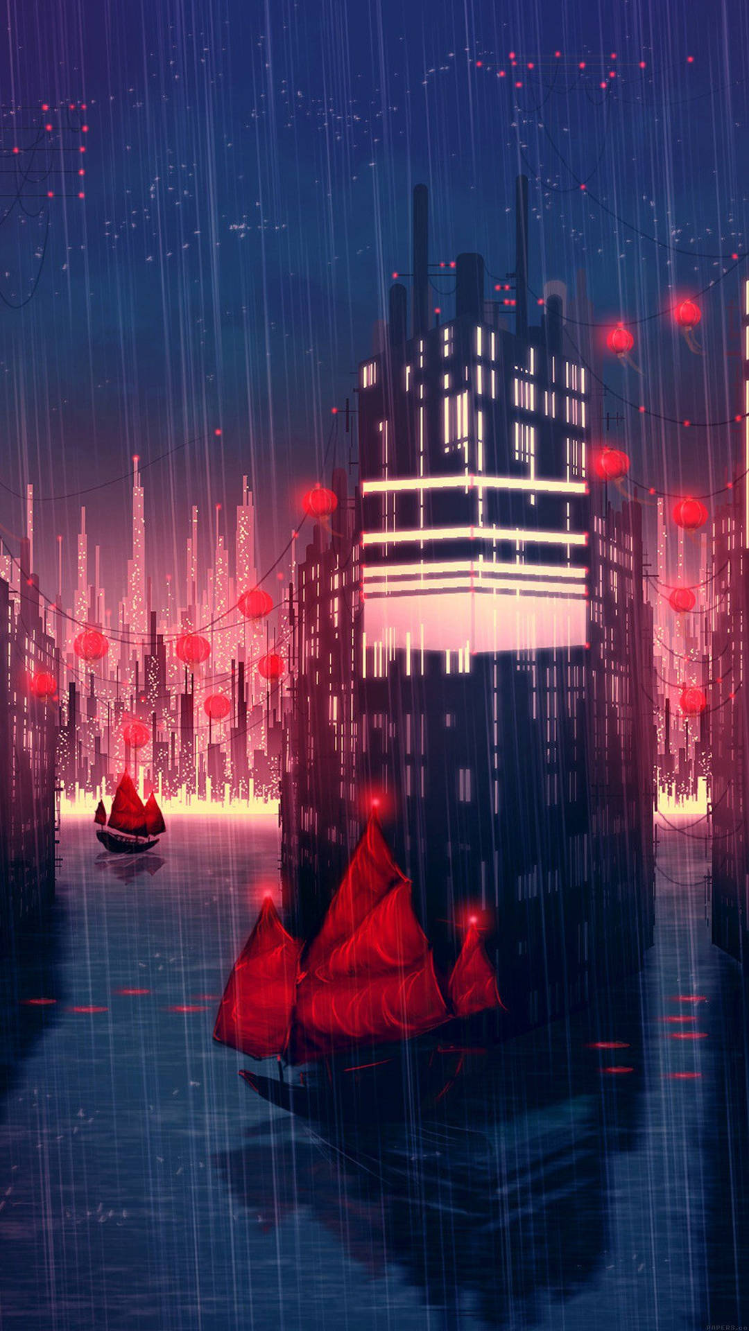 Rainy Anime City Art Mobile Background