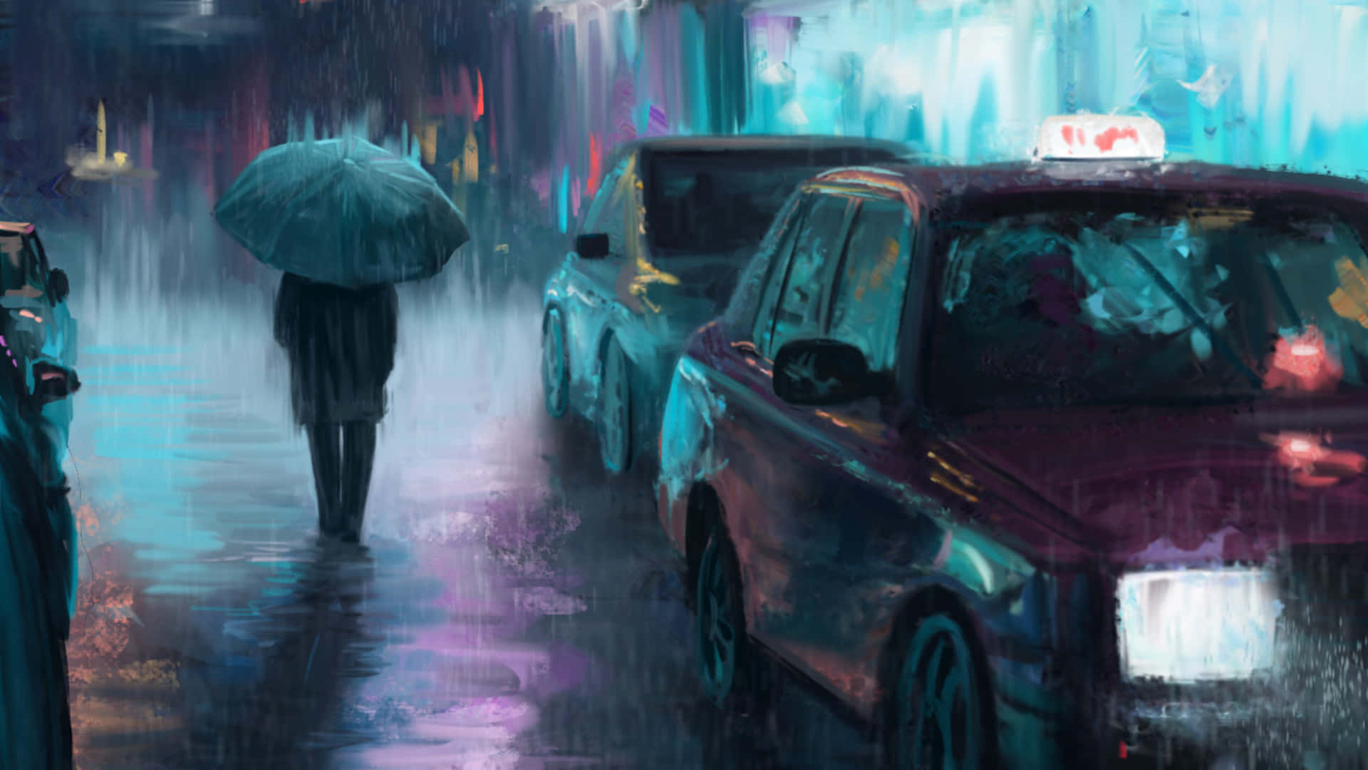 Rainy Cityscape Umbrella Walk Background