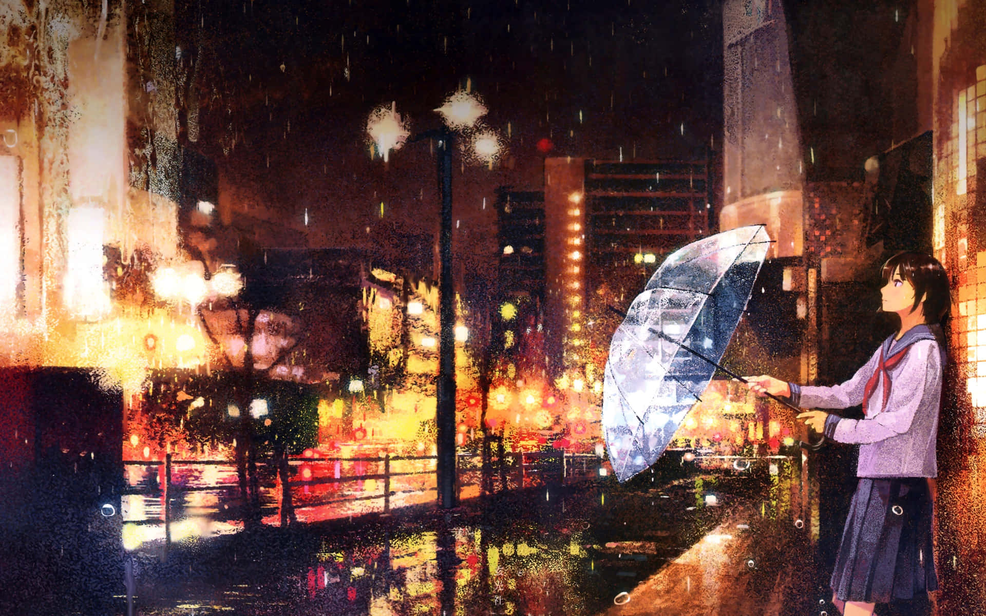 Rainy Cityscape With Anime Character Background