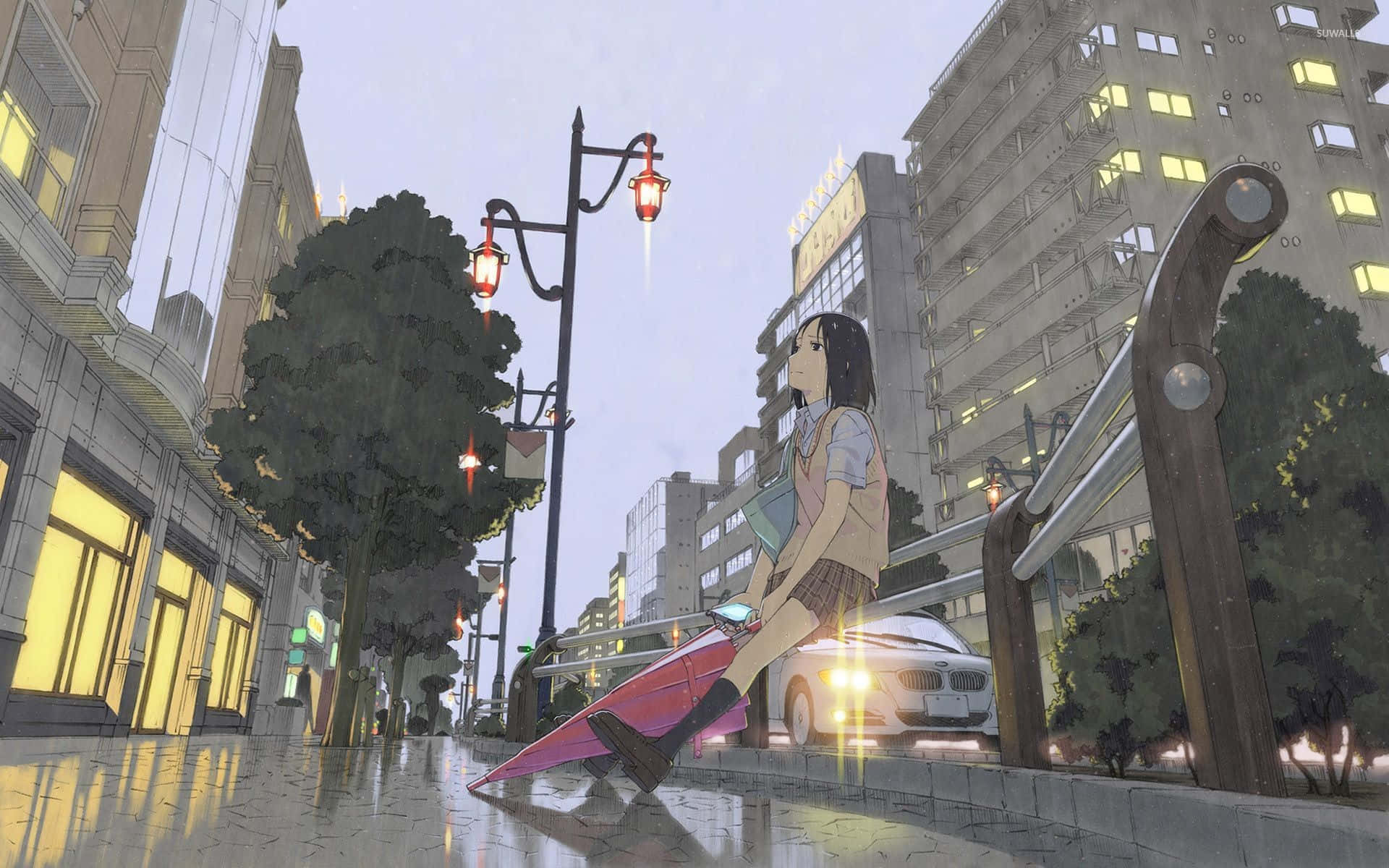 Rainy_ Cityscape_with_ Lonely_ Girl_ Anime_ Art Background