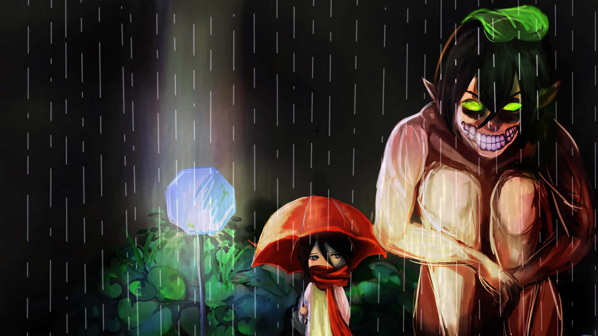 Rainy Encounter With Titan And Child Background
