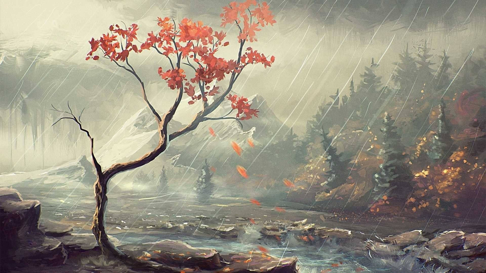 Rainy Forest Paint Art Background