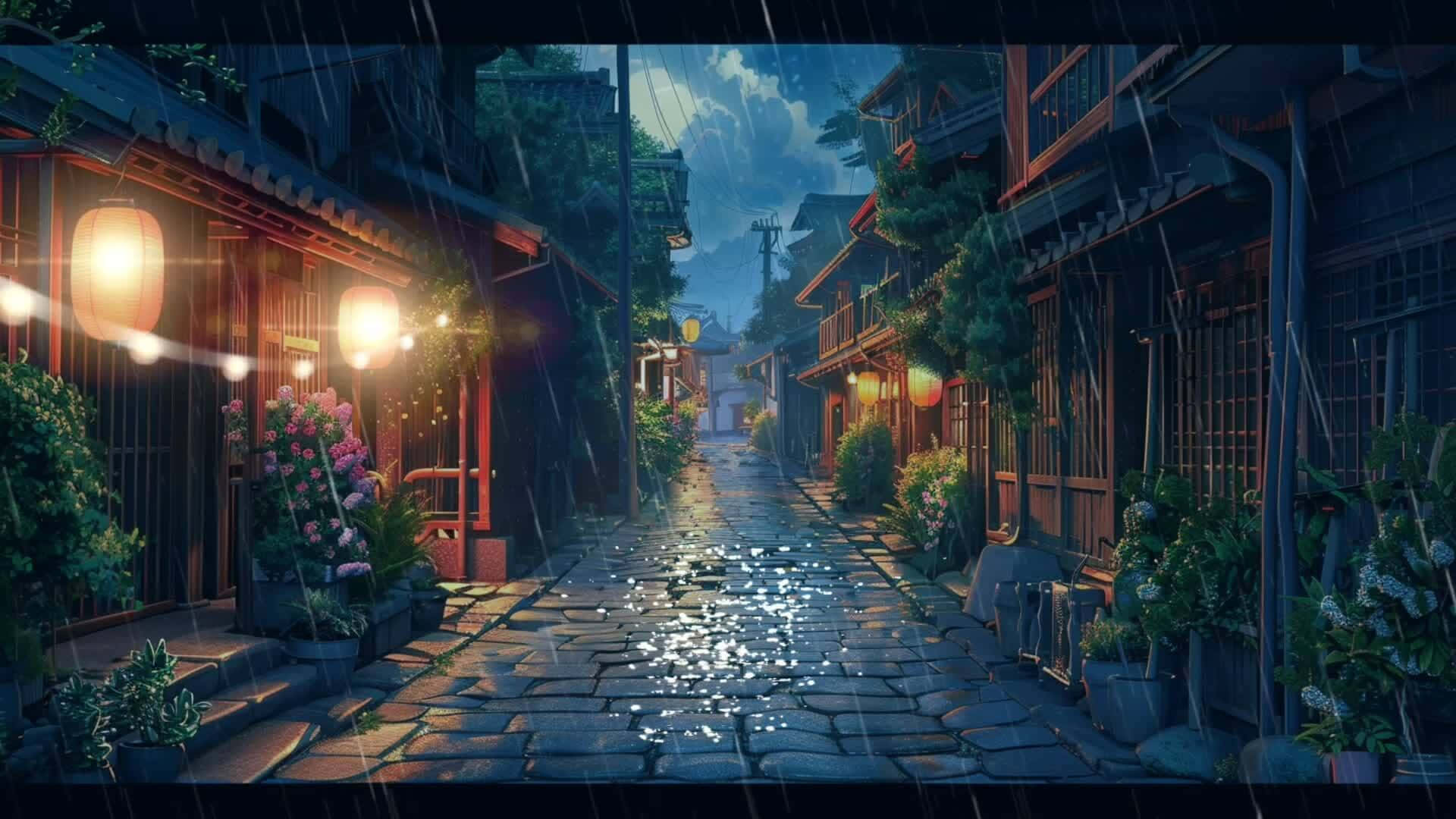 Rainy Night Anime Street Background