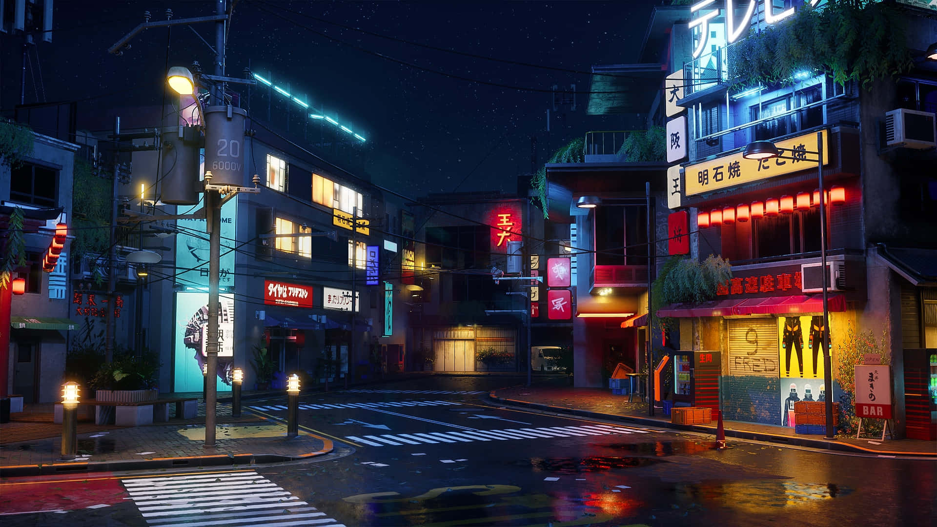 Rainy Night Anime Street Scene Background