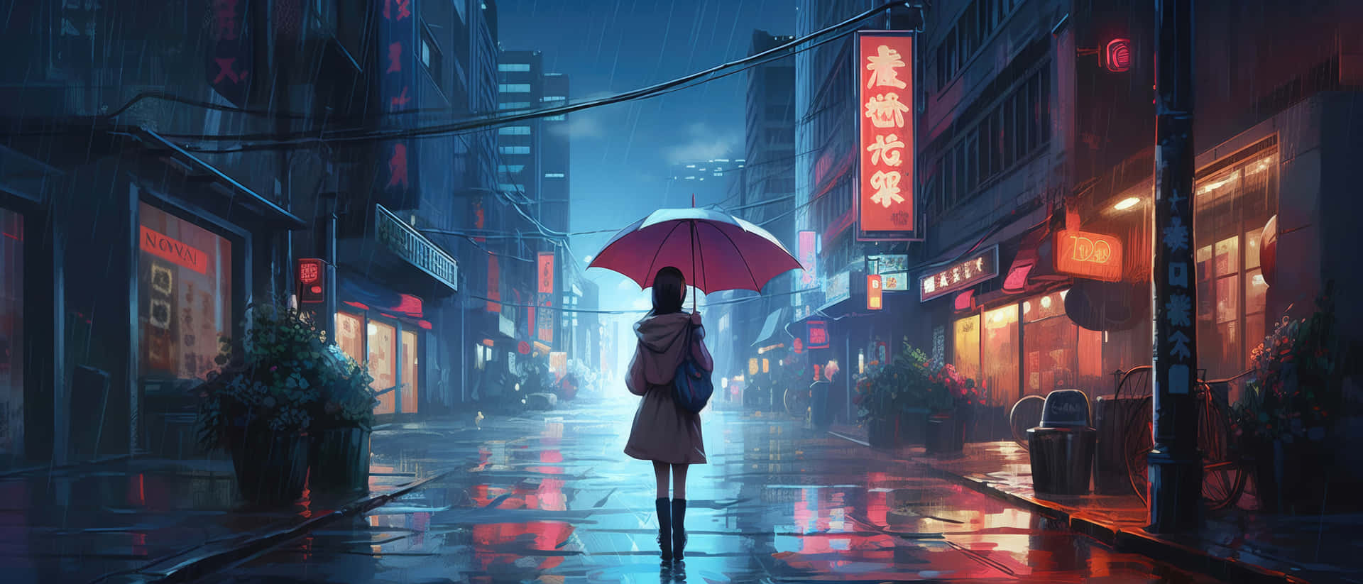 Rainy Night Cityscapewith Umbrella Background