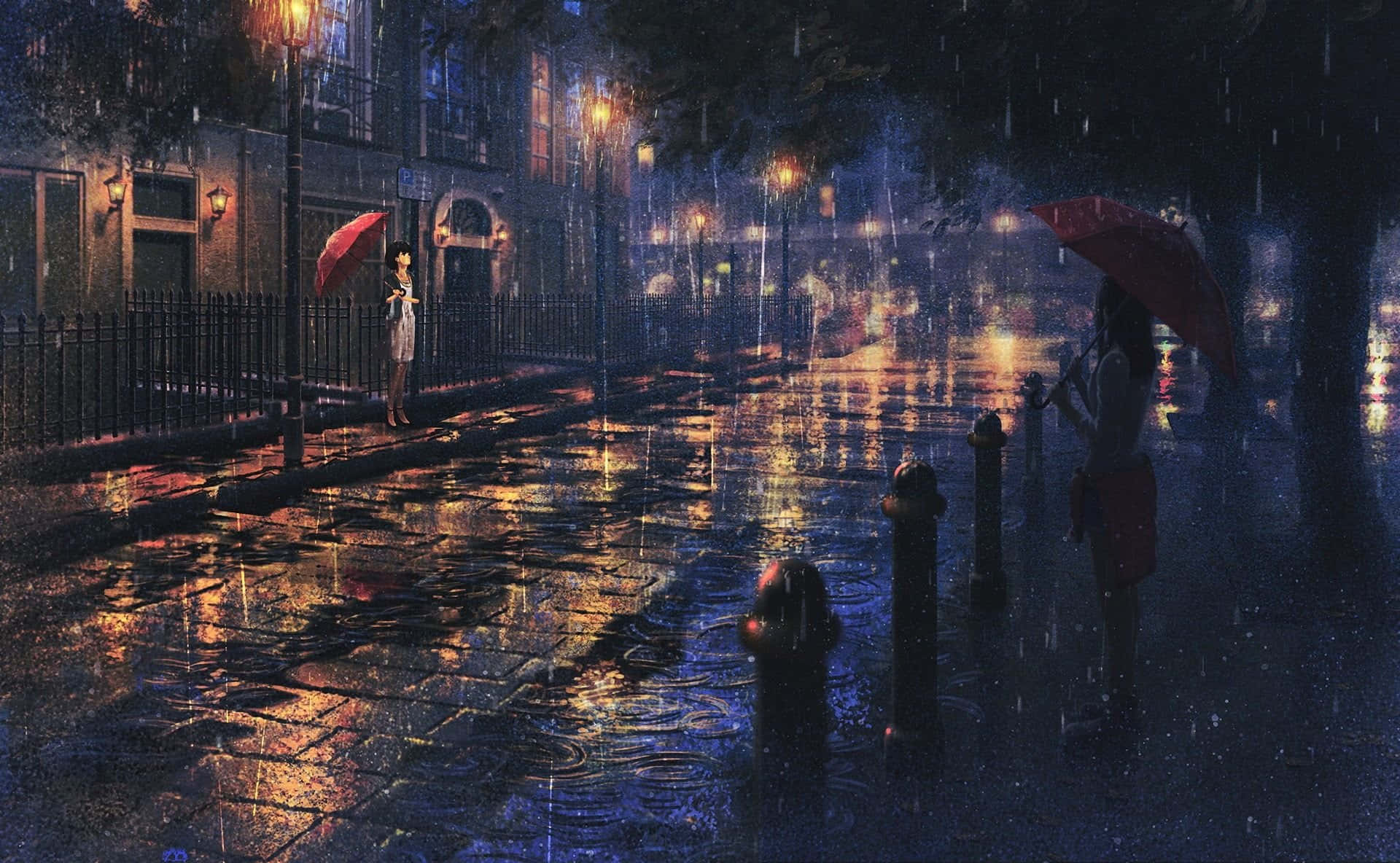 Rainy Night Umbrella Glow Anime Street Background