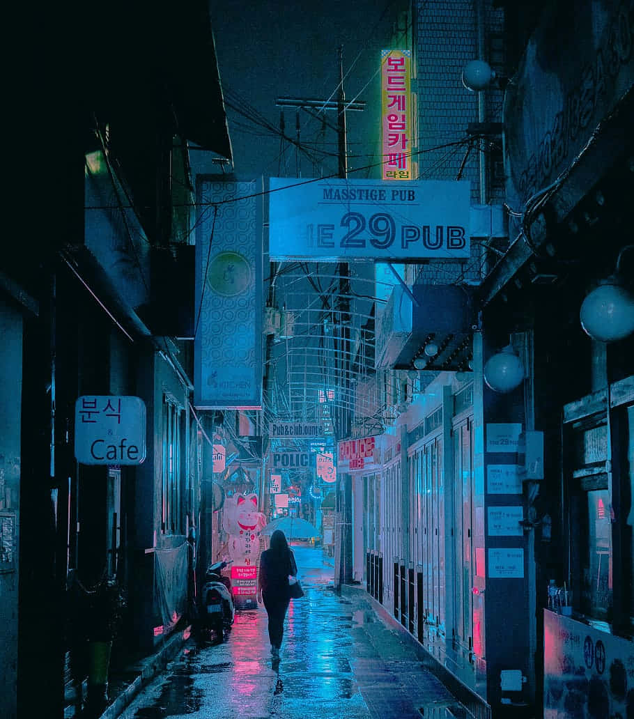 Random Person Walking Through A Dim Street Background