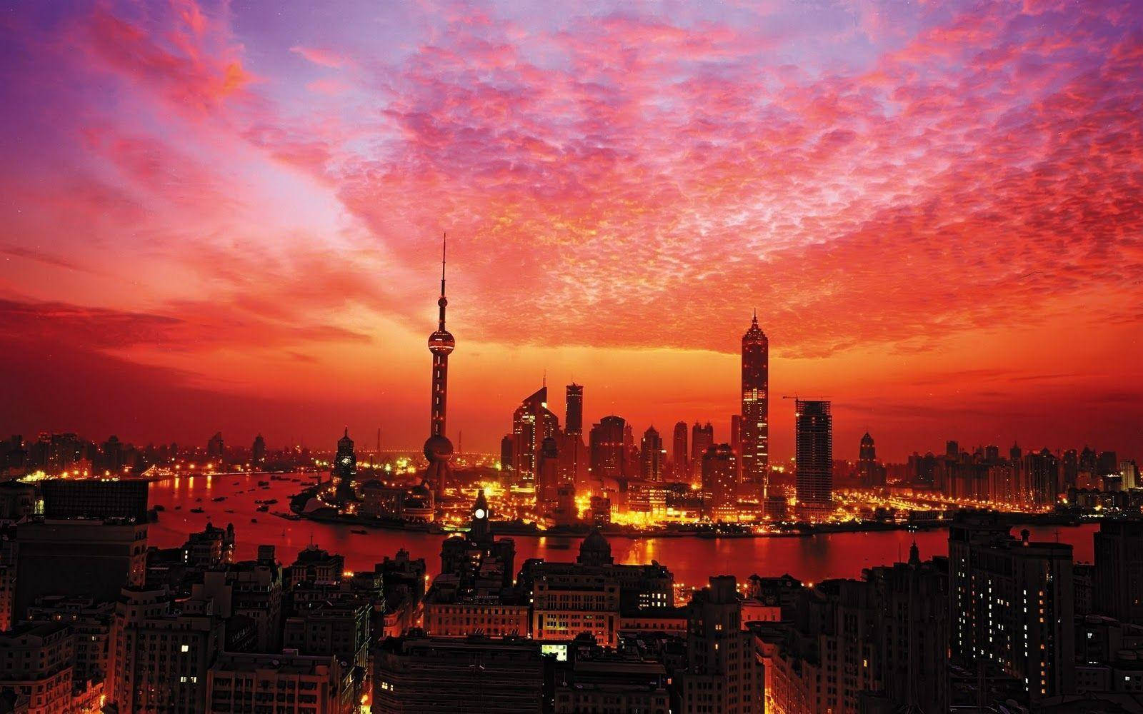 Random Shanghai City Skyline Sunset Background
