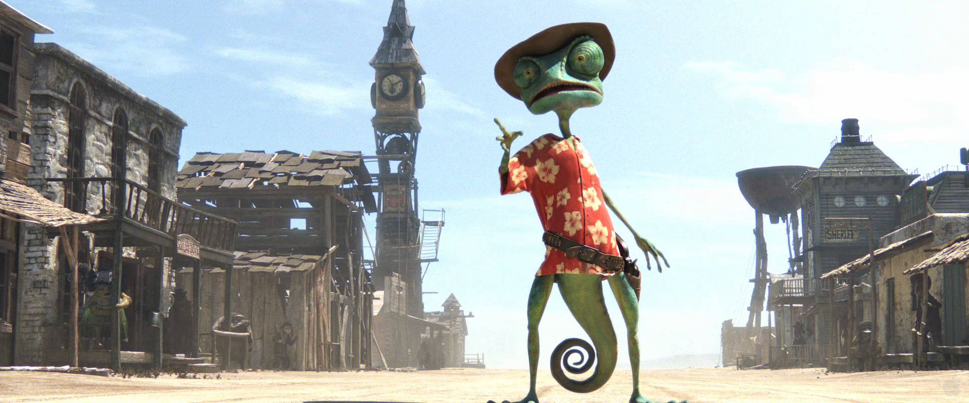 Rango Dancing Over Blue Sky Backdrop Background