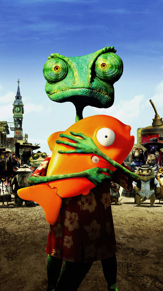 Rango Holding Fish And Other Characters Background