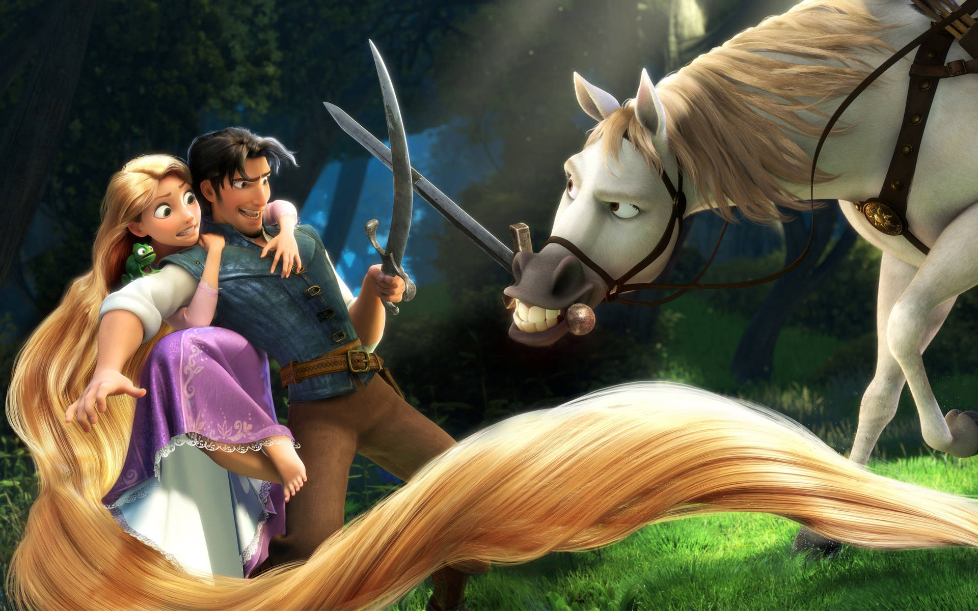 Rapunzel And Flynn Engage In A Daring Sword Fight Background