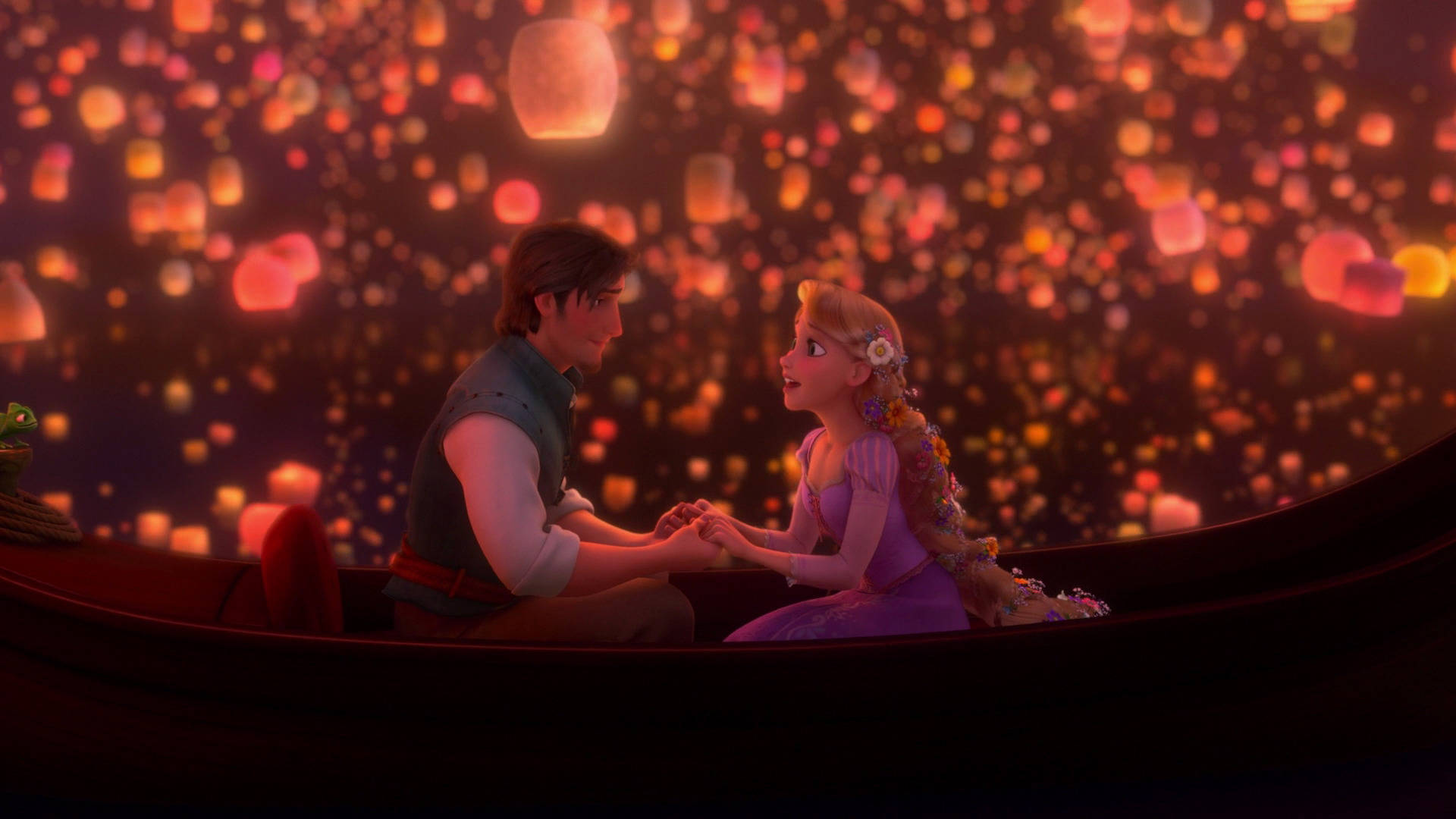 Rapunzel And Flynn Enjoying A Peaceful Boat Ride In Corona Background