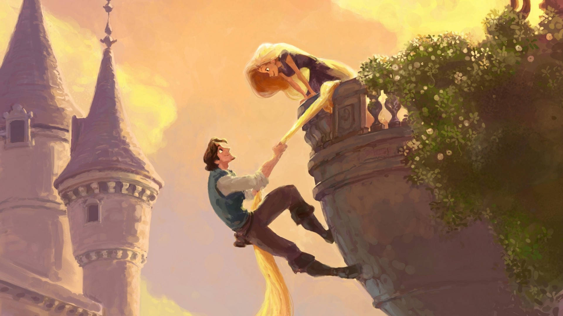 Rapunzel And Flynn Prepare For Their Escape From The Castle Balcony Background