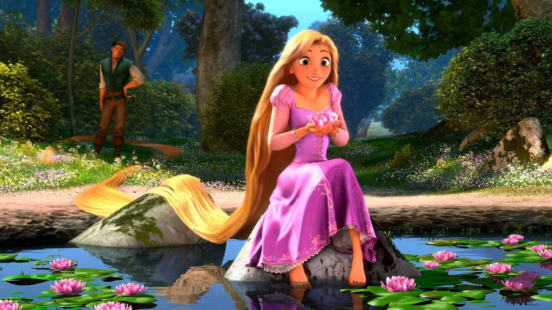 Rapunzel Relaxing In A Pond Background