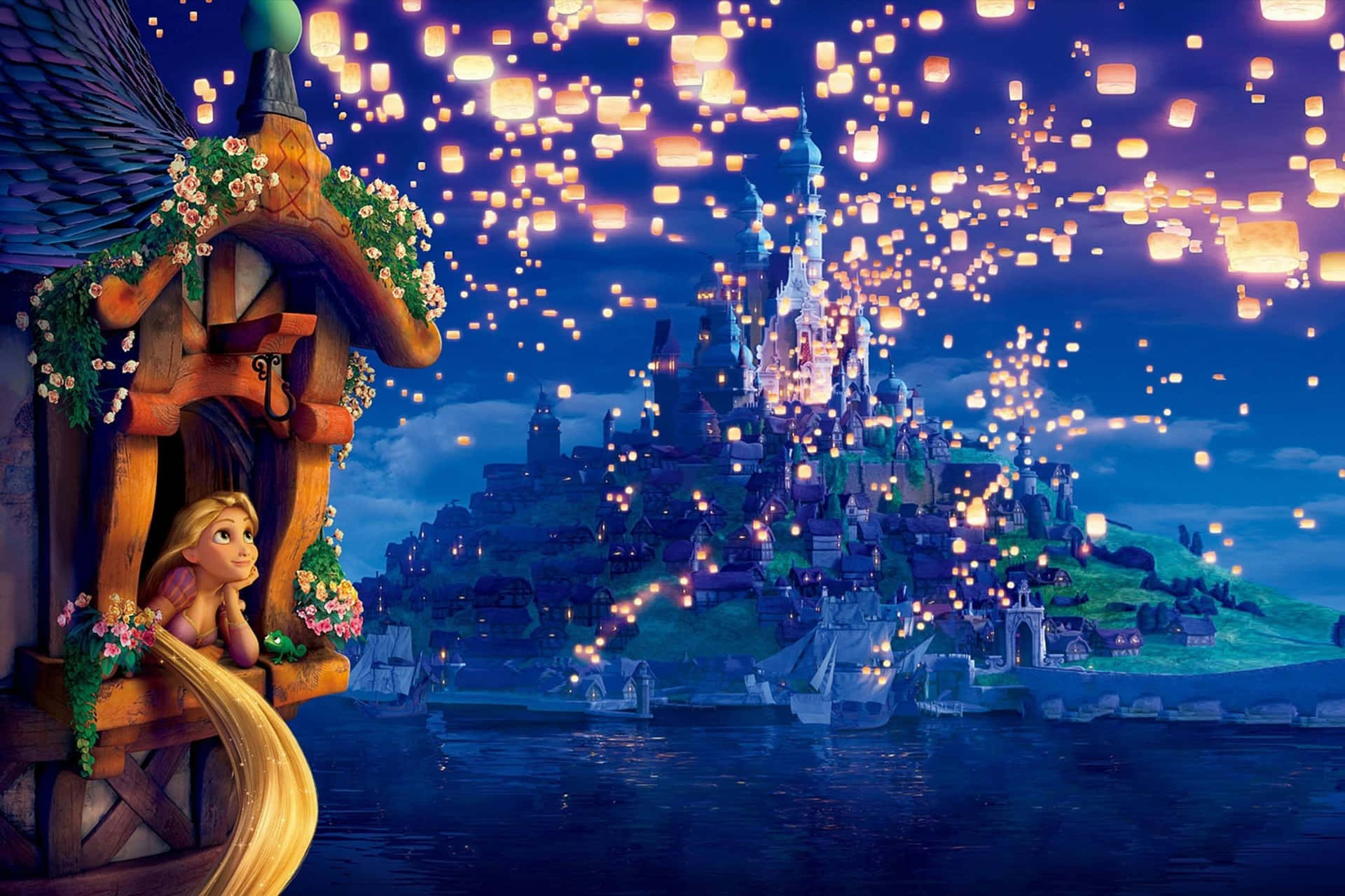 Rapunzel Watching Floating Lanterns Background