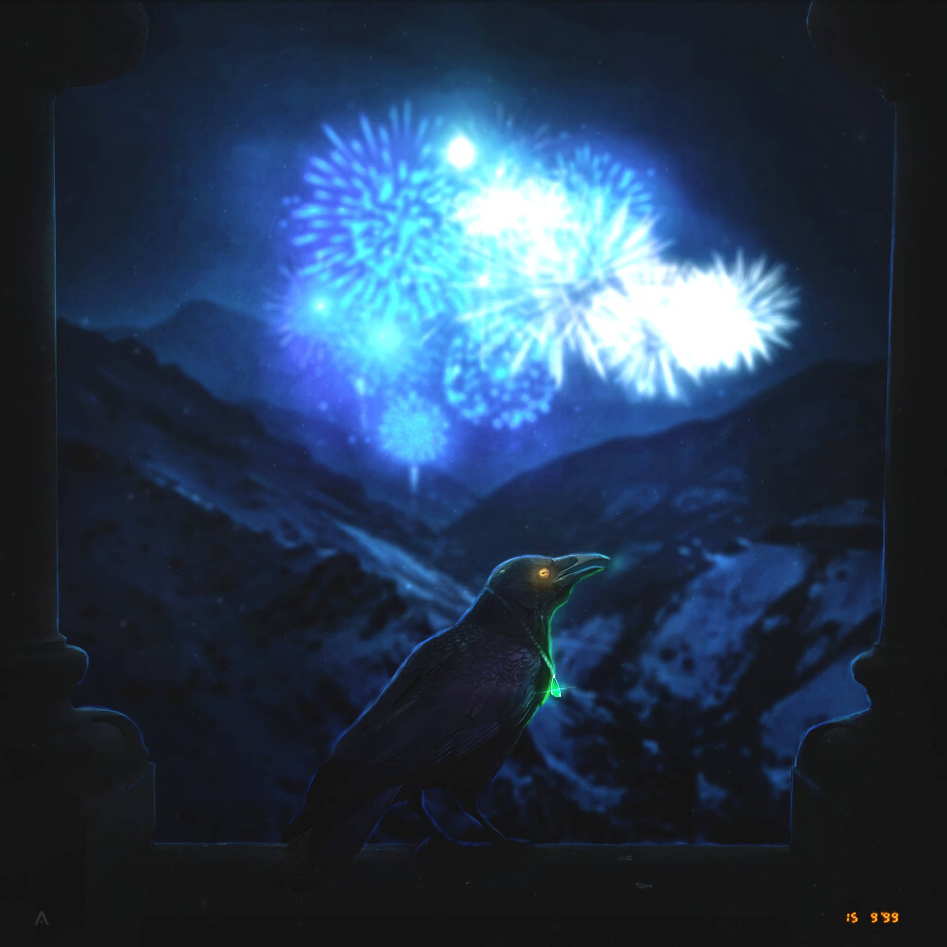 Raven And Fireworks Background