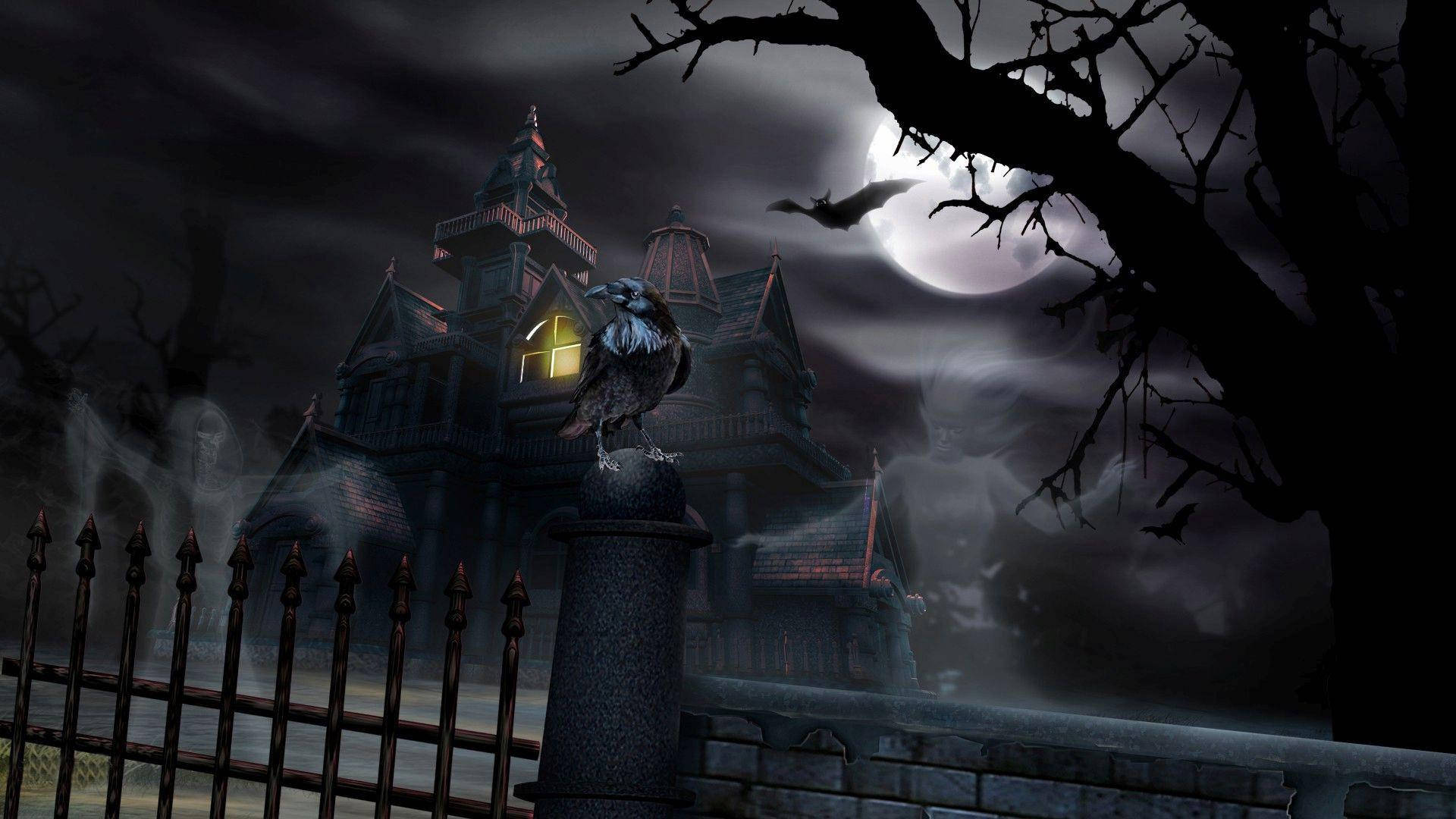 Raven And Ghosts Outside Haunted House Background