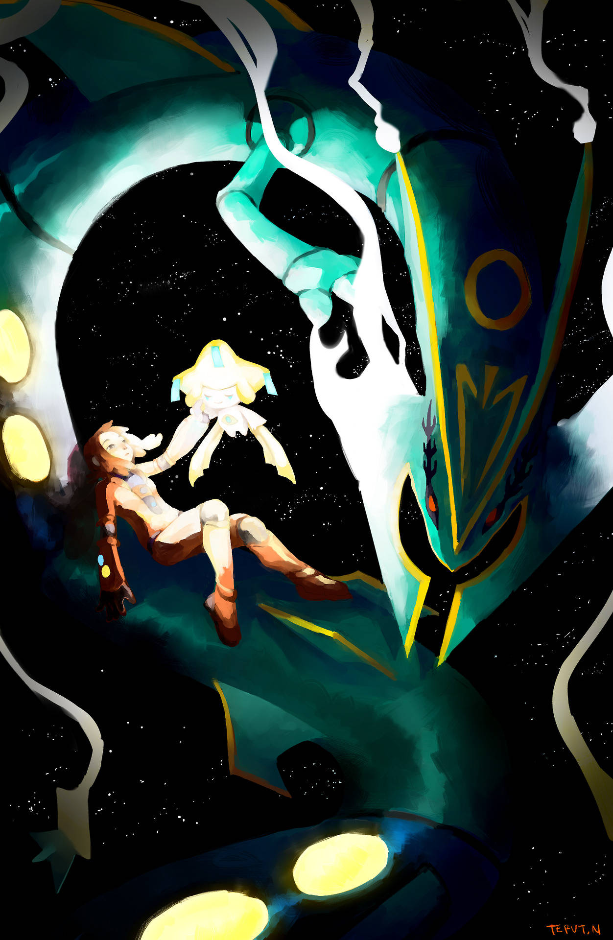 Rayquaza, Legendary Flying Pokémon And Jirachi Shining In The Sky Background