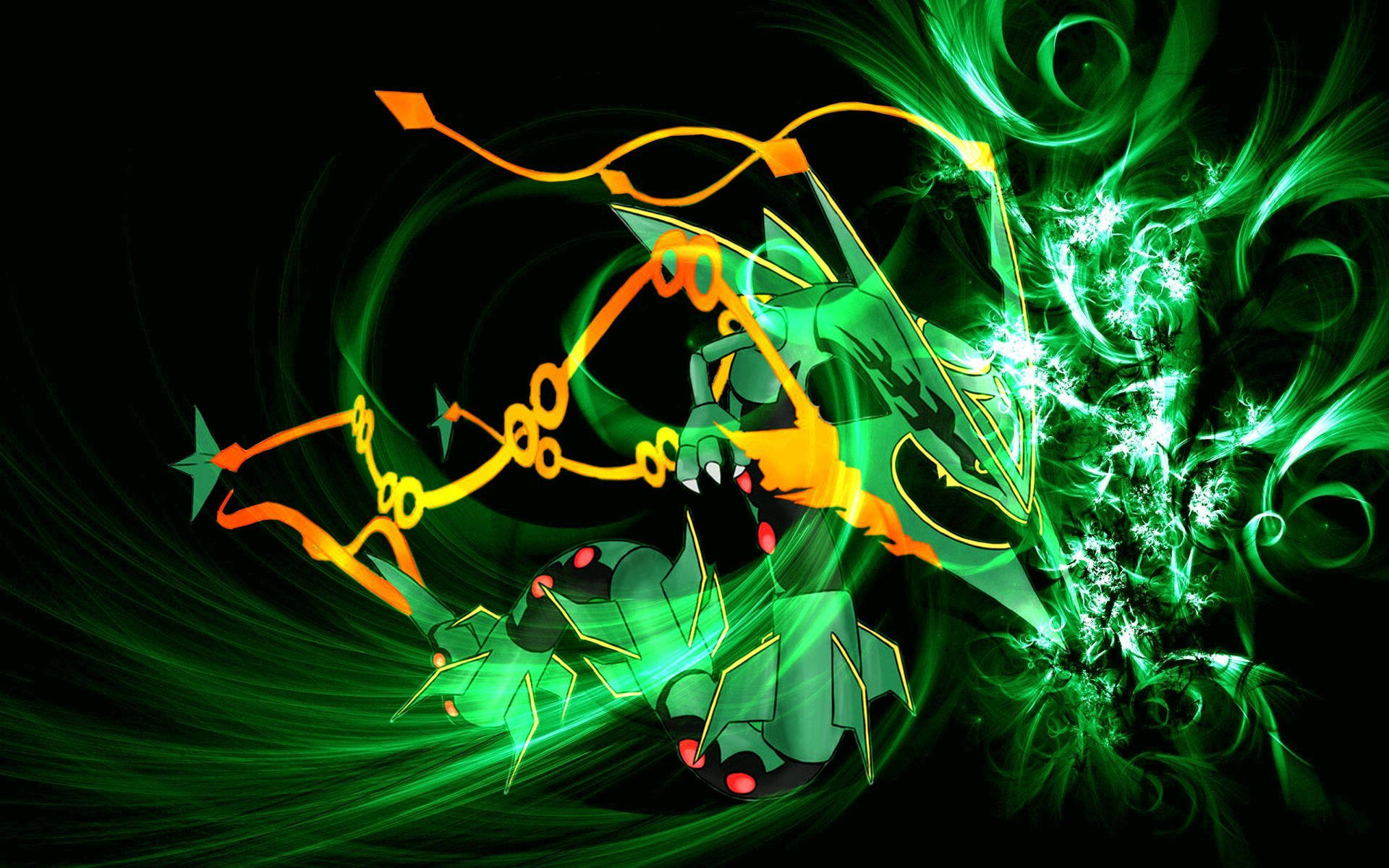 Rayquaza Shines In A Brilliant Display Of Green Flares And Sparks Background