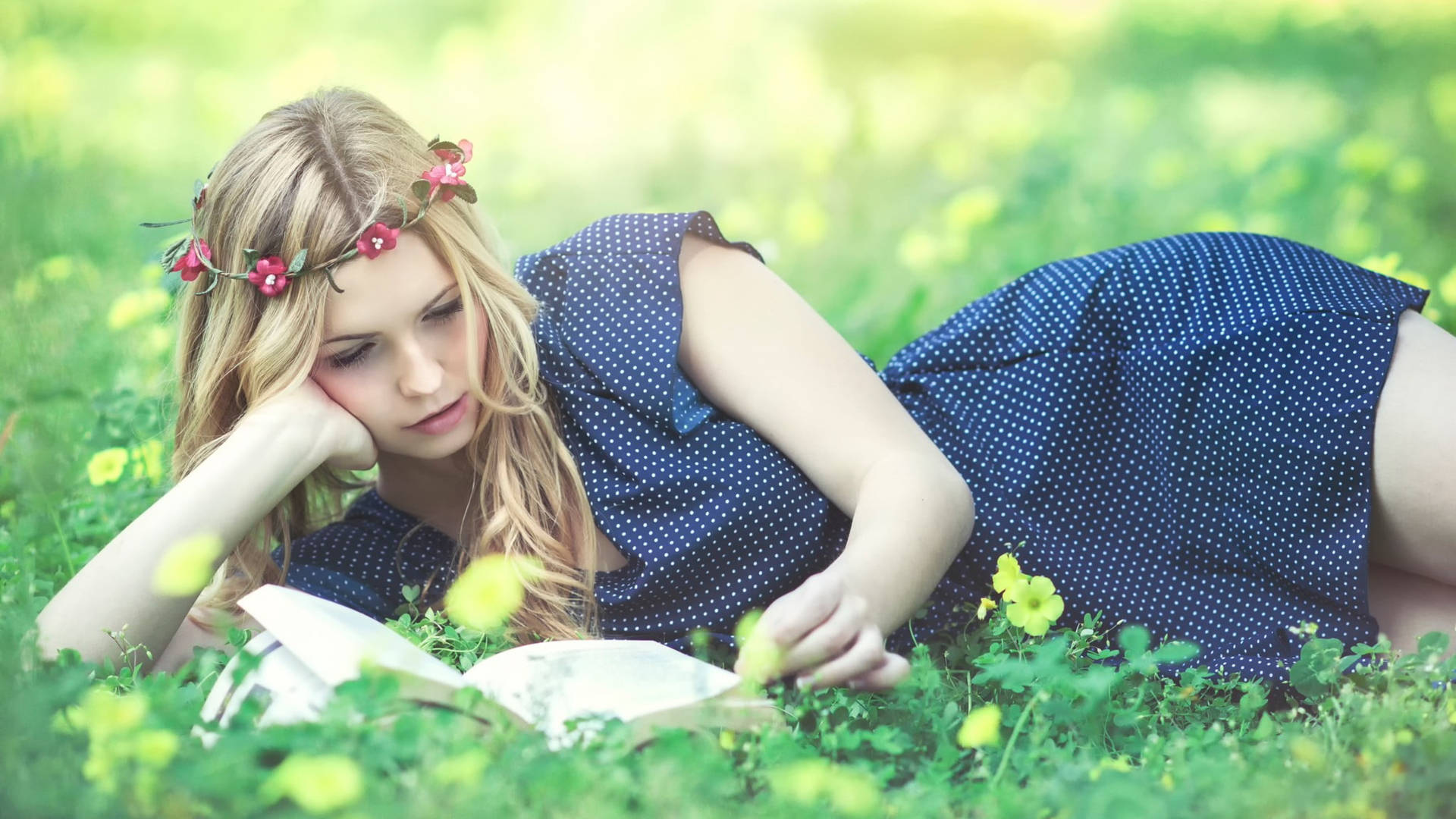 Reading Girl In Field Background