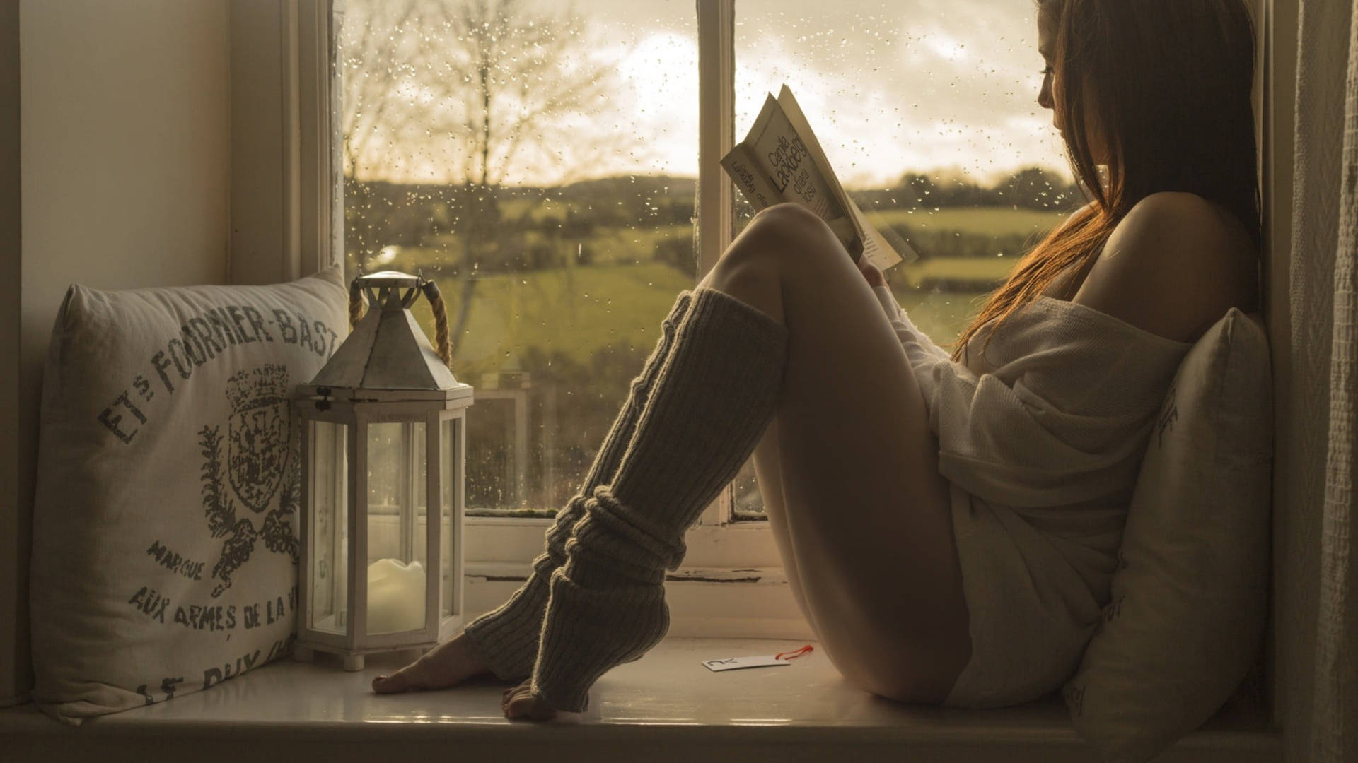 Reading Girl Near Window Background