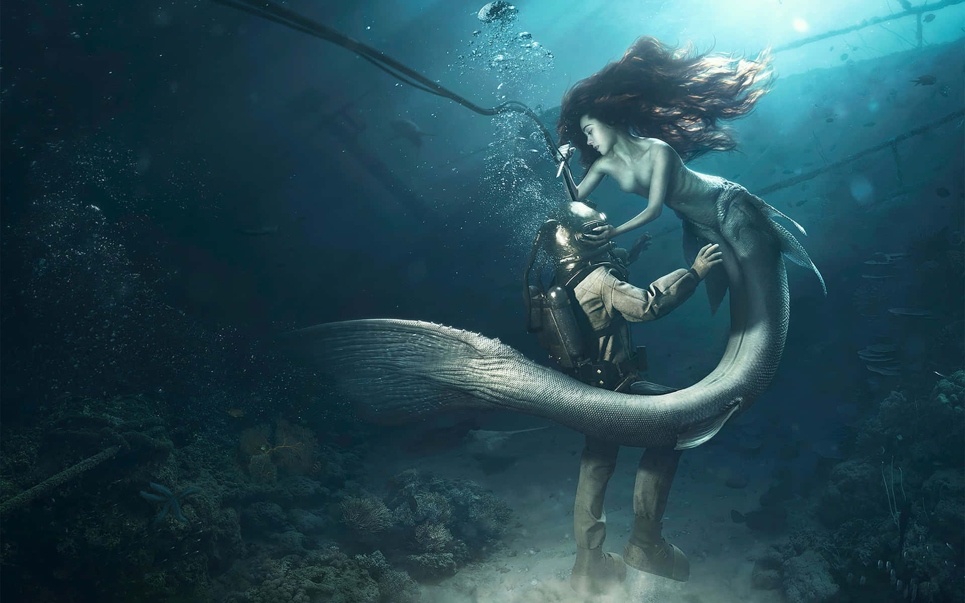 Real Mermaid With A Diver Background