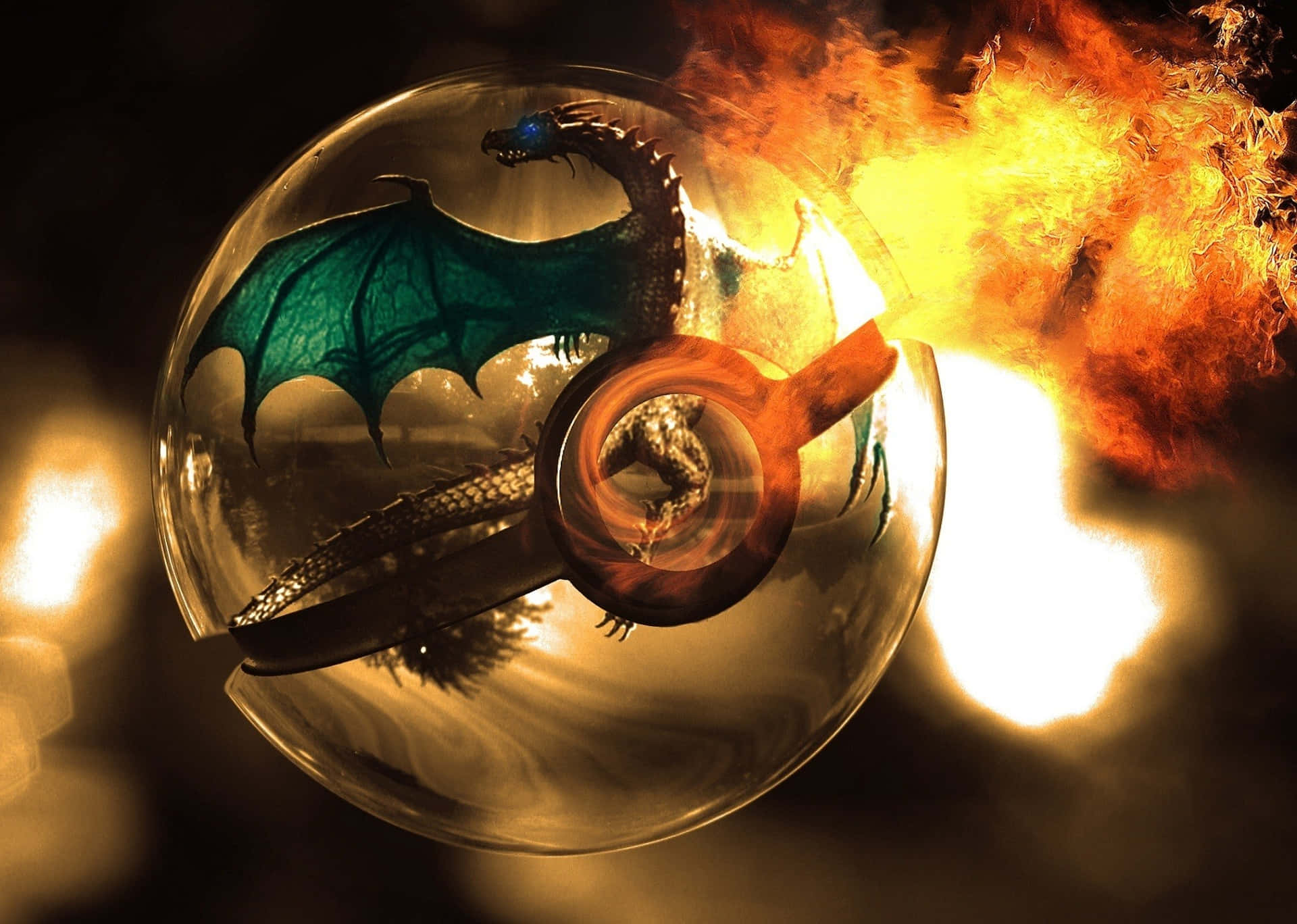 Realistic Epic Charizard In Glass Pokeball Background