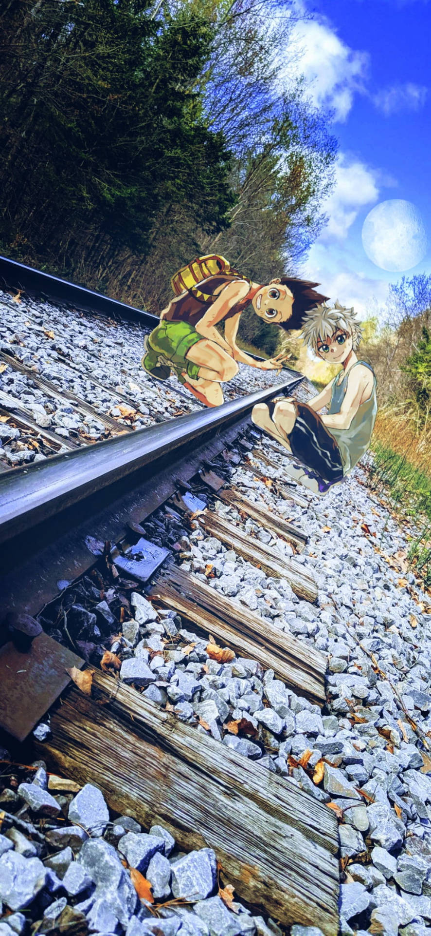 Realistic Gon And Killua On Railroad Background